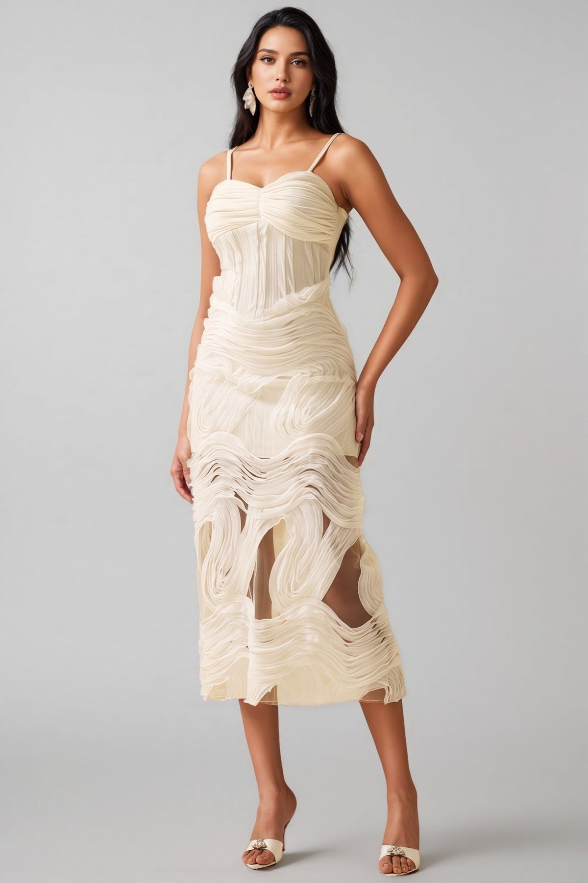 Spaghetti Strap Sweetheart Neck Corset Wavy Ruffle Textured Mesh Midi Dress