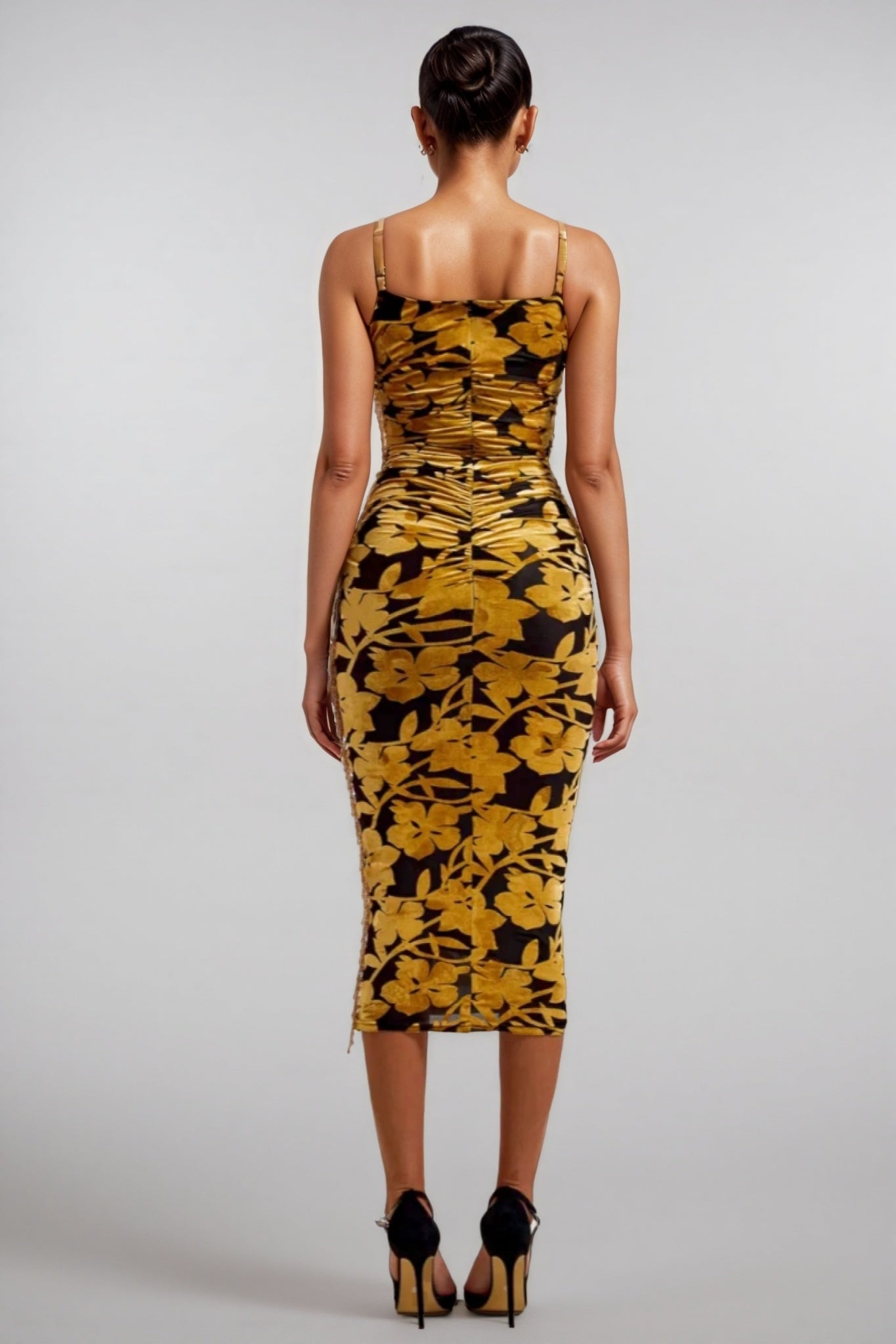 Velvet Floral Spaghetti Strap Ruched Bodycon Midi Dress