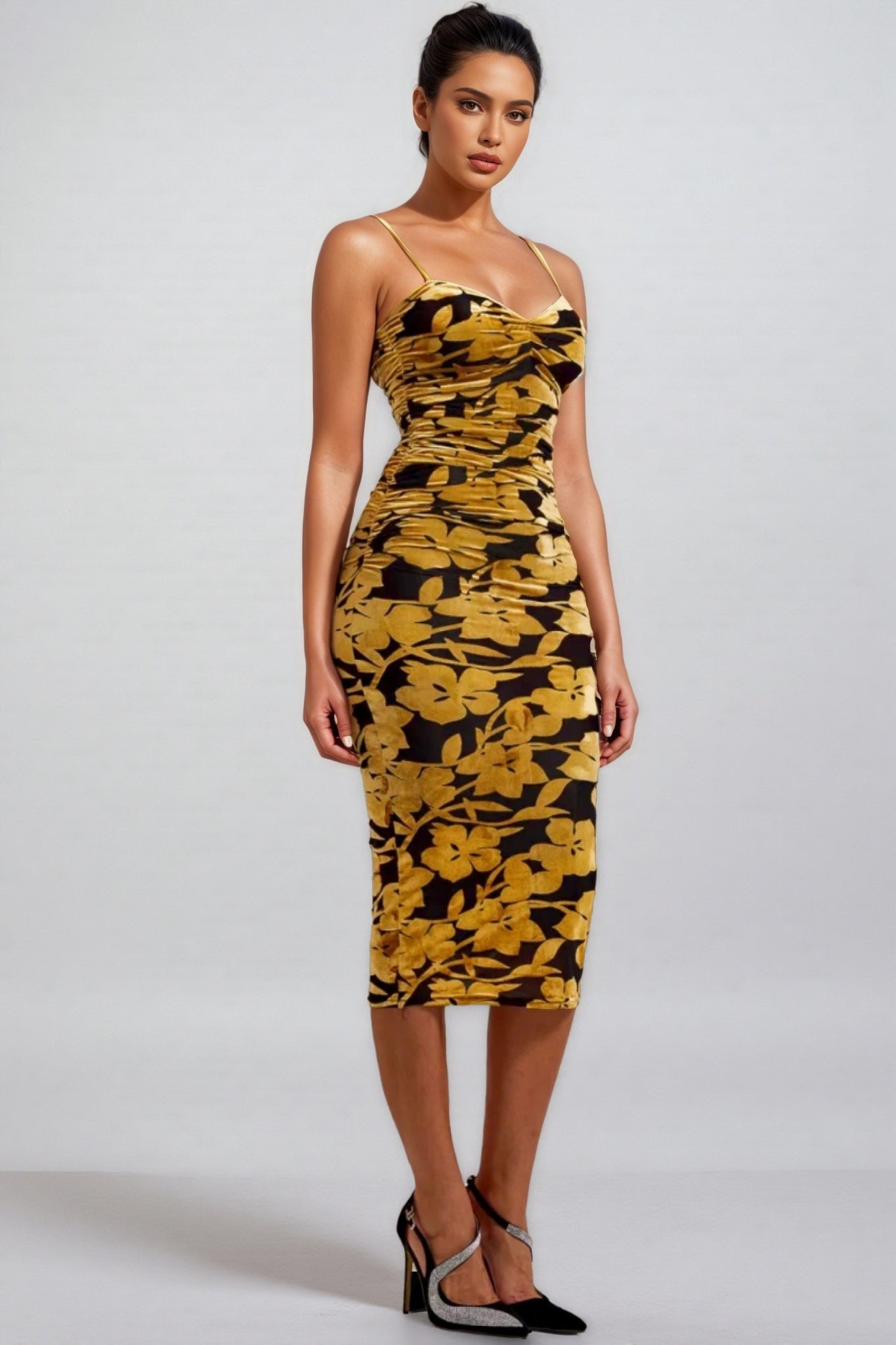 Velvet Floral Spaghetti Strap Ruched Bodycon Midi Dress