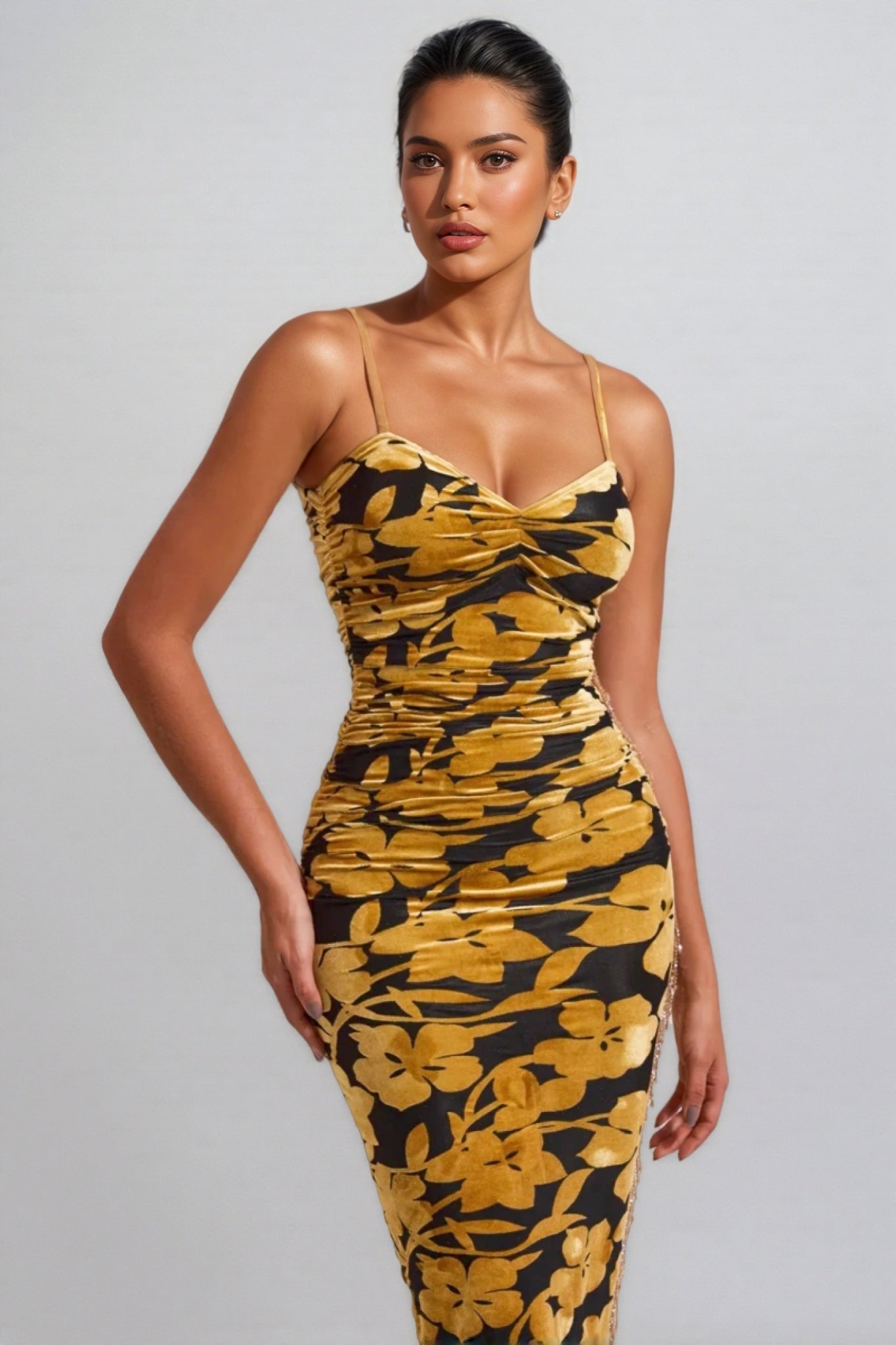 Velvet Floral Spaghetti Strap Ruched Bodycon Midi Dress