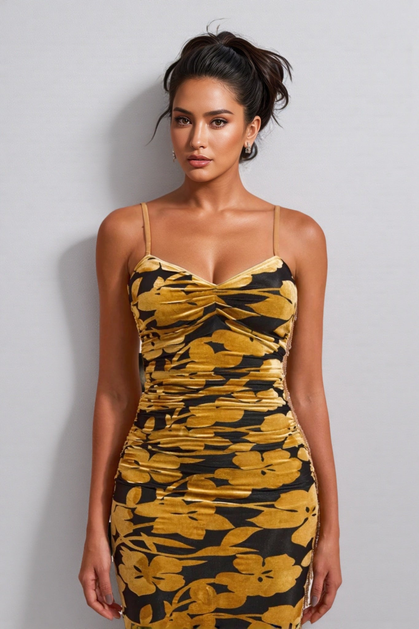 Velvet Floral Spaghetti Strap Ruched Bodycon Midi Dress