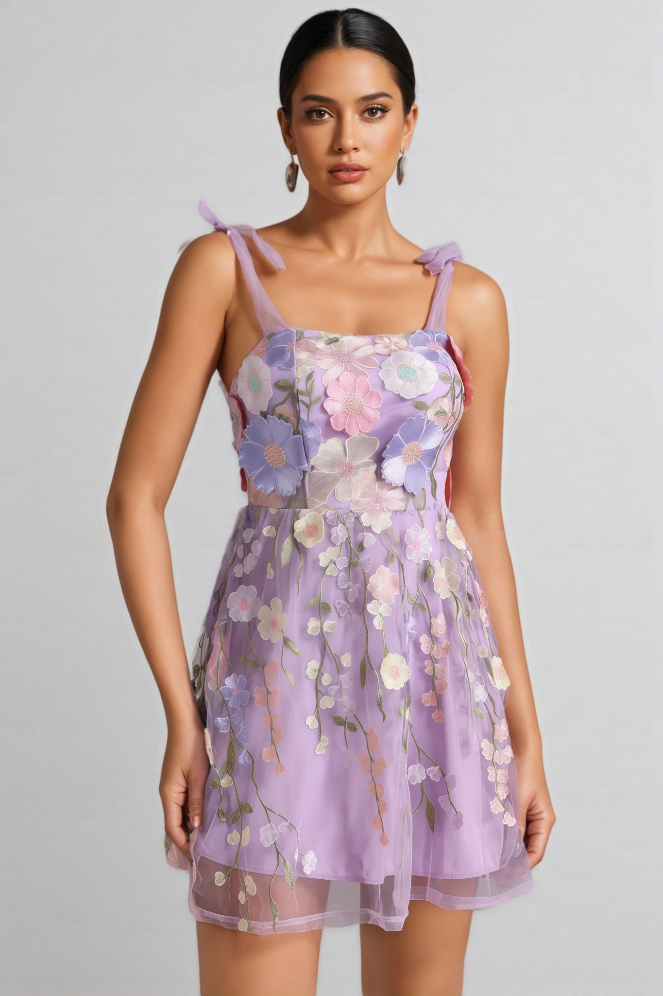 Strappy Mesh 3D Floral Mini Dress