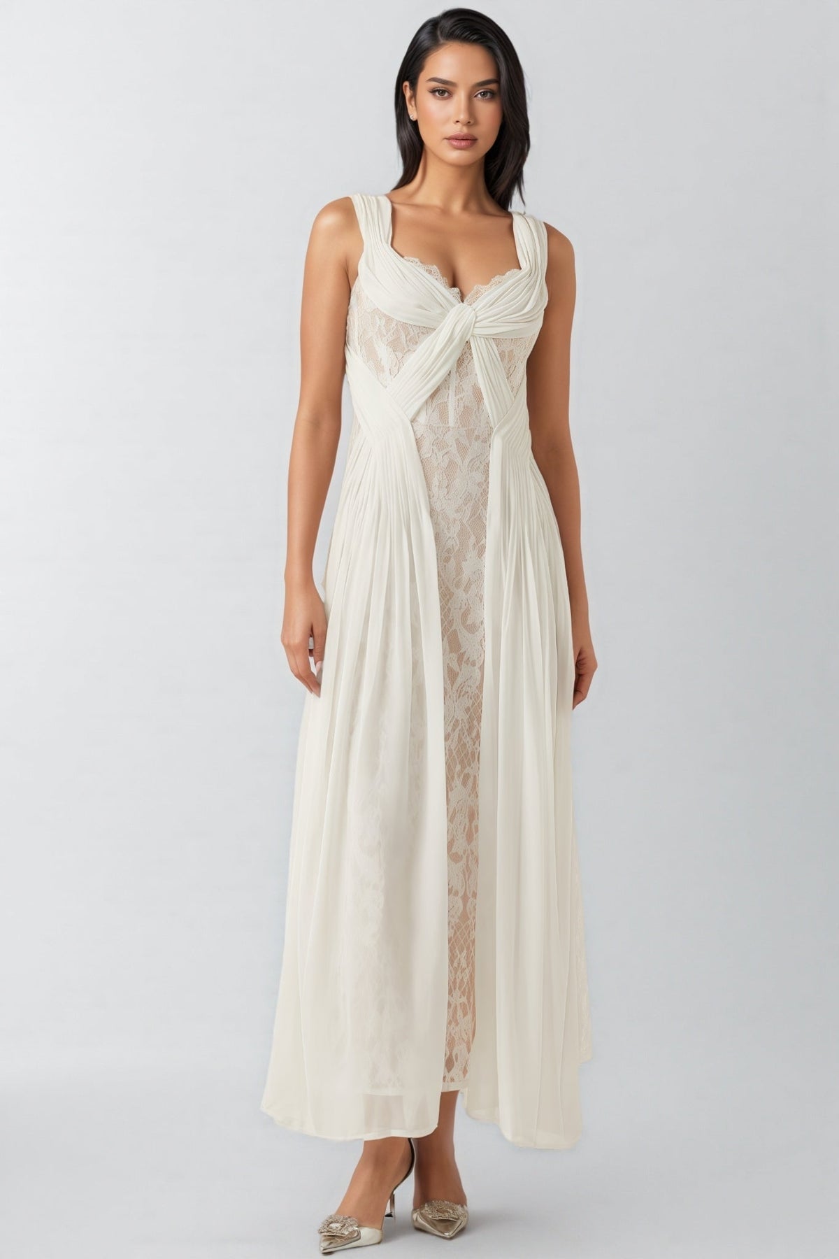 Sleeveless Twist Front Lace Panel Pleated Chiffon Maxi Dress