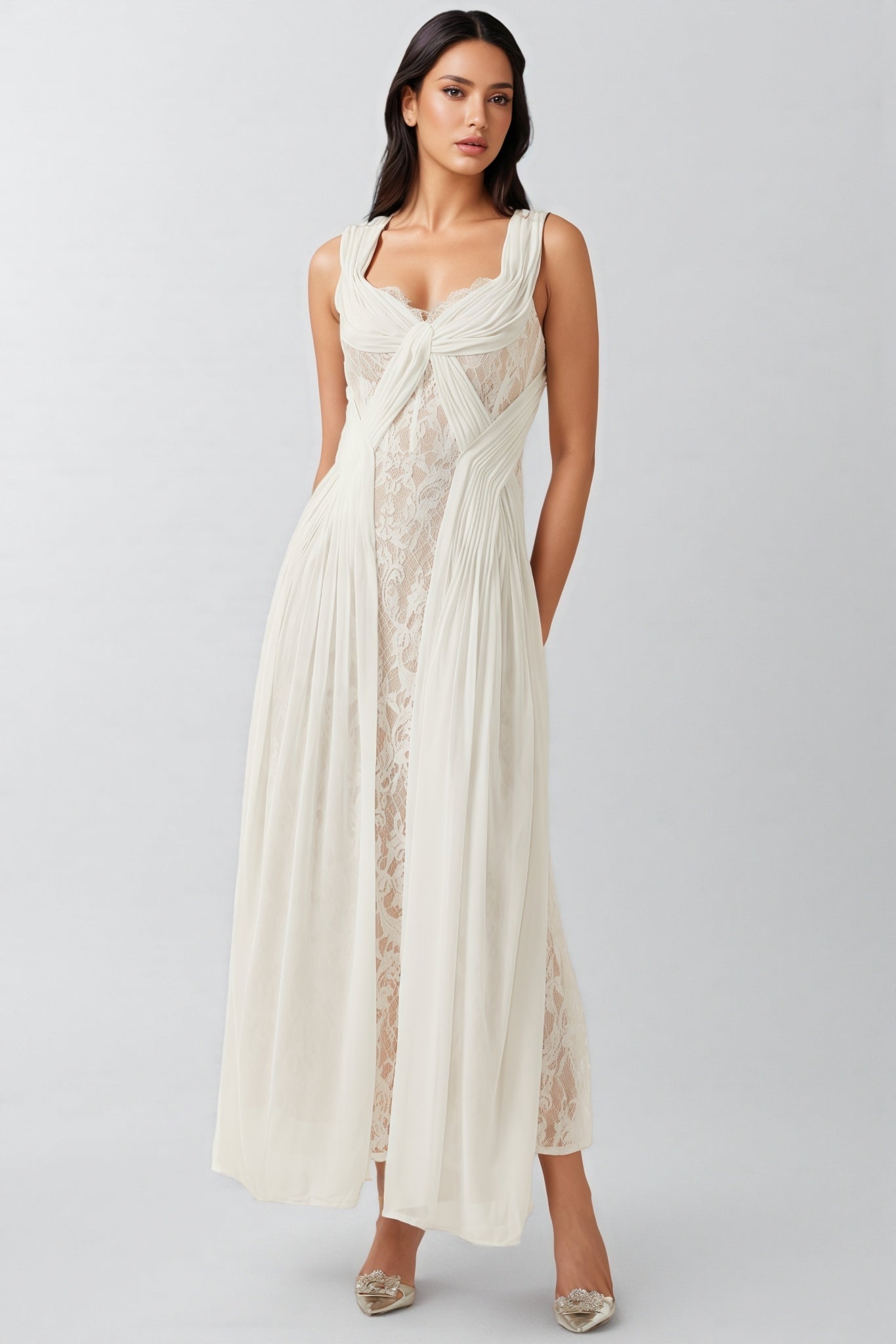 Layana White Lace Pleated Maxi Dress - View 2