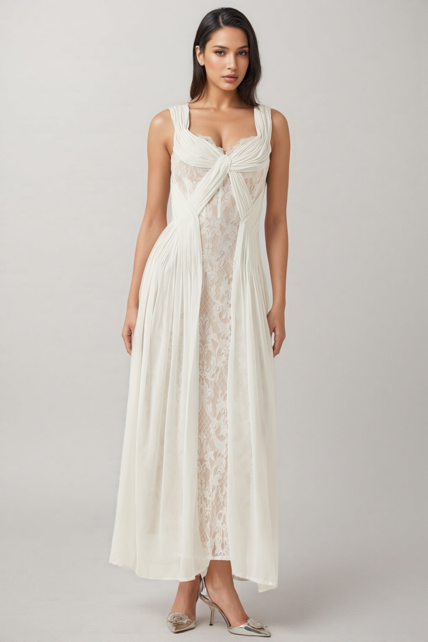 Layana White Lace Pleated Maxi Dress - View 4