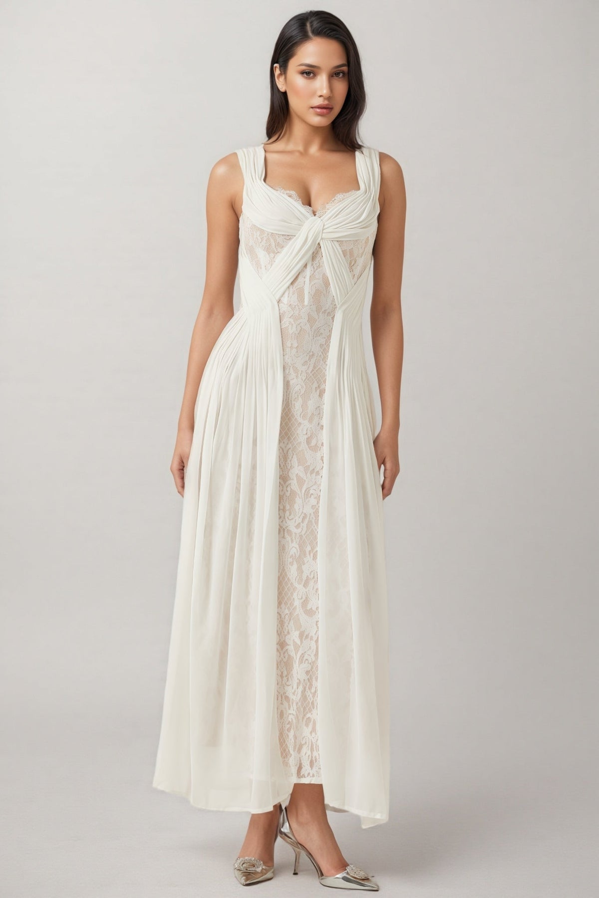 Sleeveless Twist Front Lace Panel Pleated Chiffon Maxi Dress 4