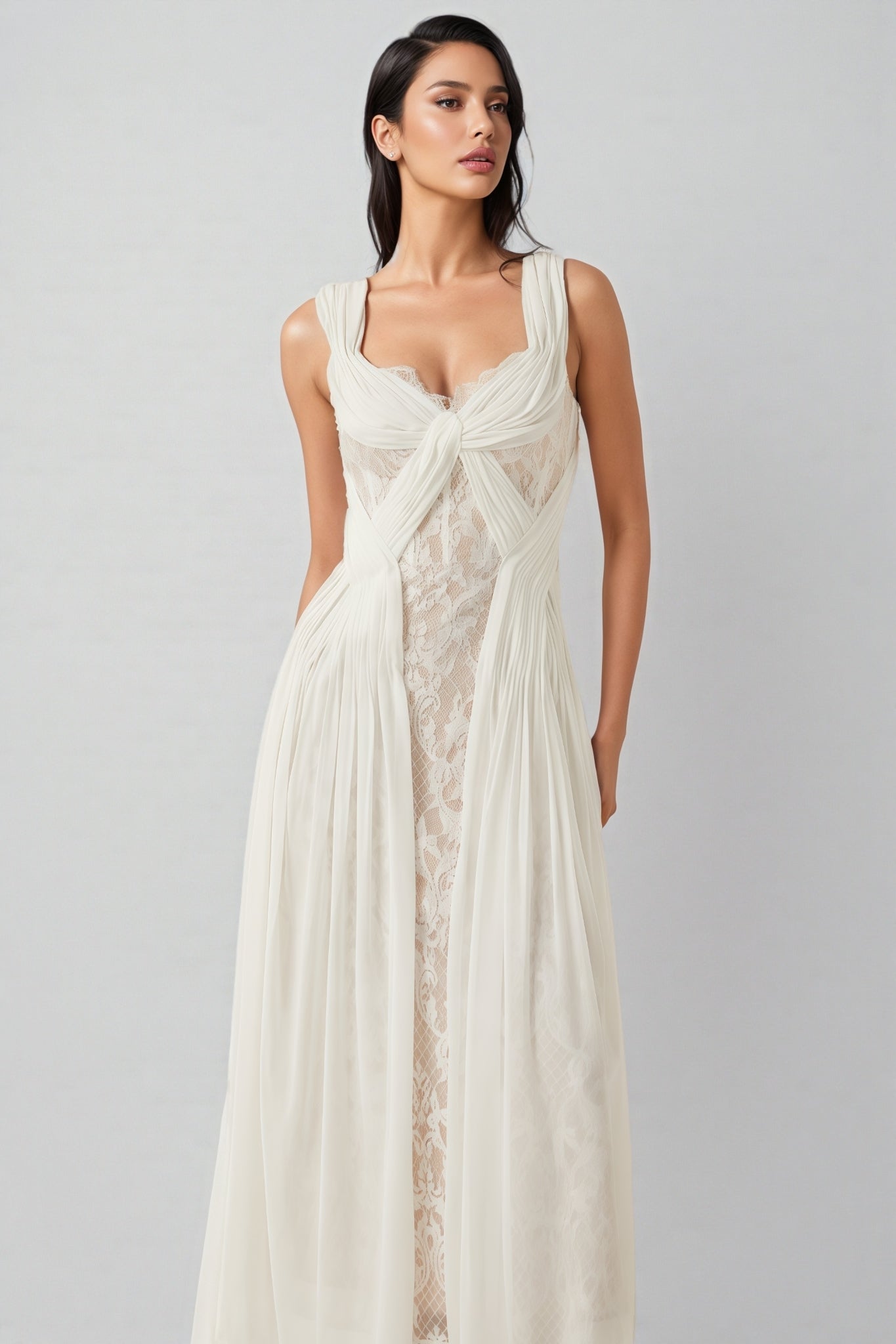 Layana White Lace Pleated Maxi Dress - View 3