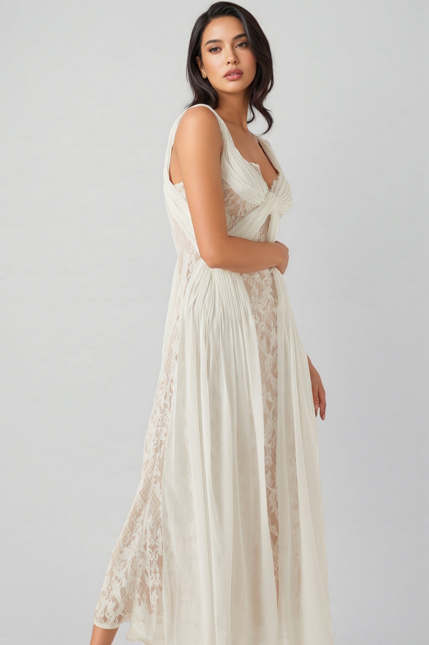 Layana White Lace Pleated Maxi Dress - View 6