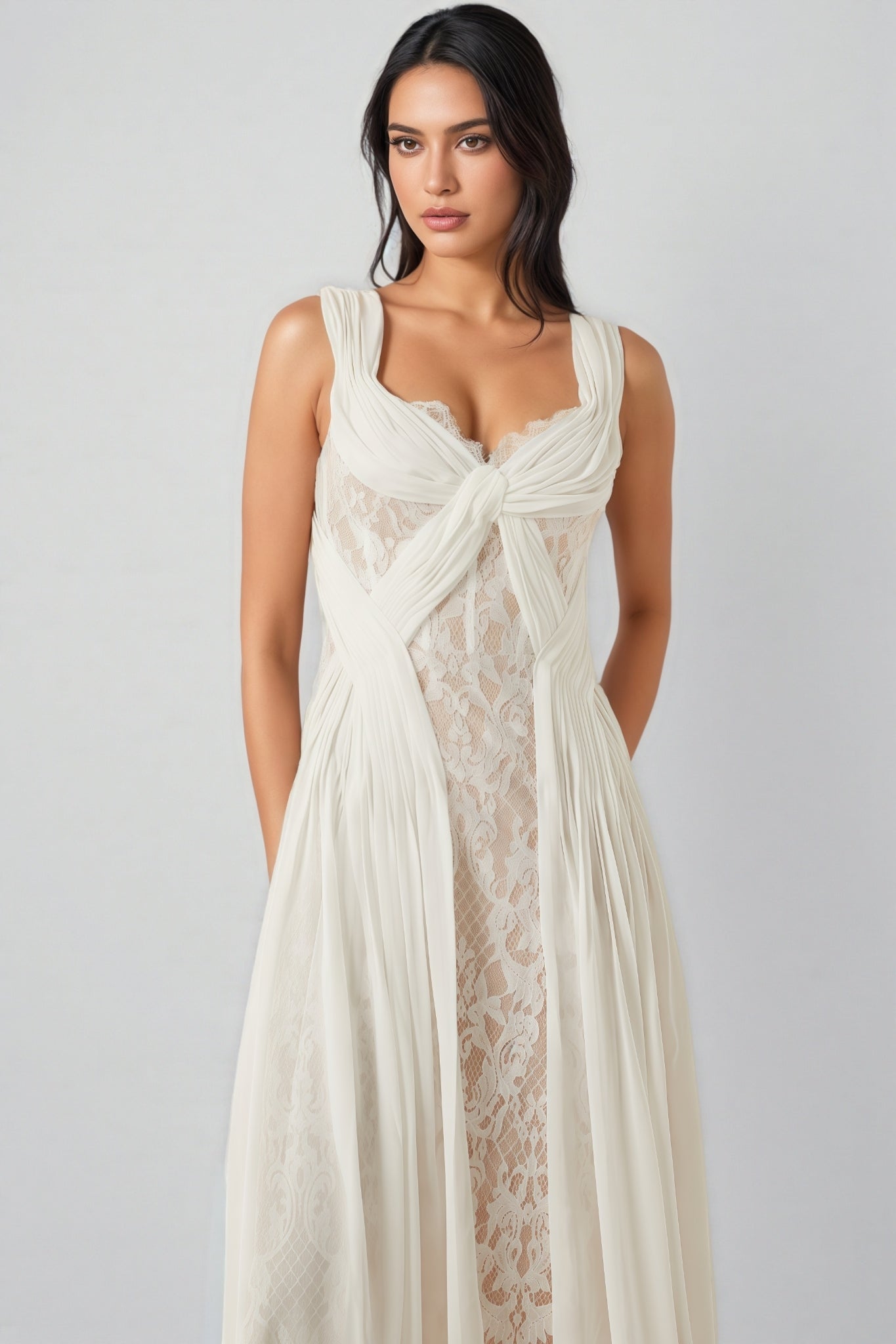 Layana White Lace Pleated Maxi Dress - View 5