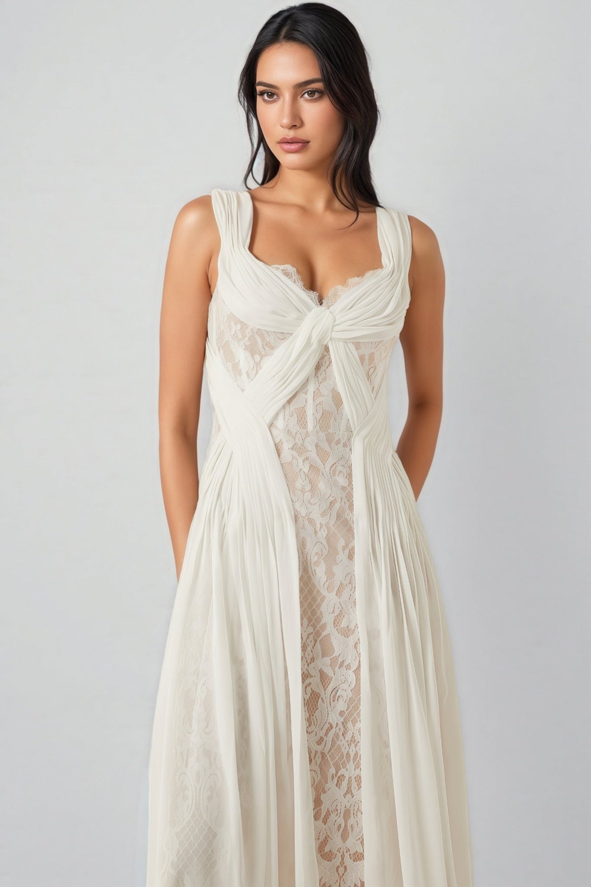 Sleeveless Twist Front Lace Panel Pleated Chiffon Maxi Dress 5