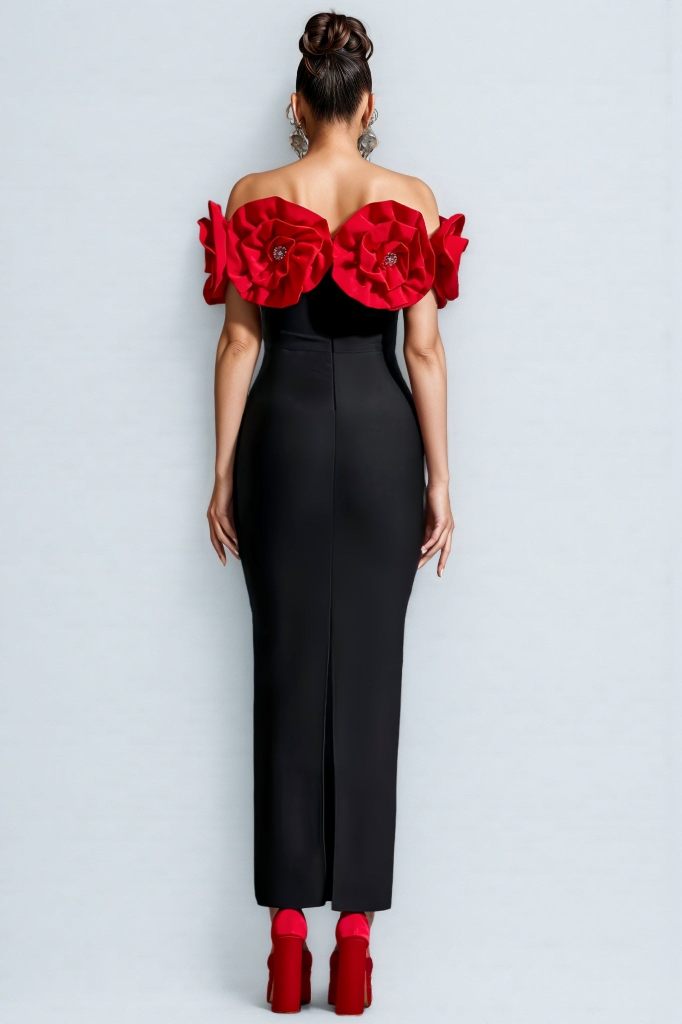 Bandage 3D Rose Off Shoulder Bodycon Maxi Dress