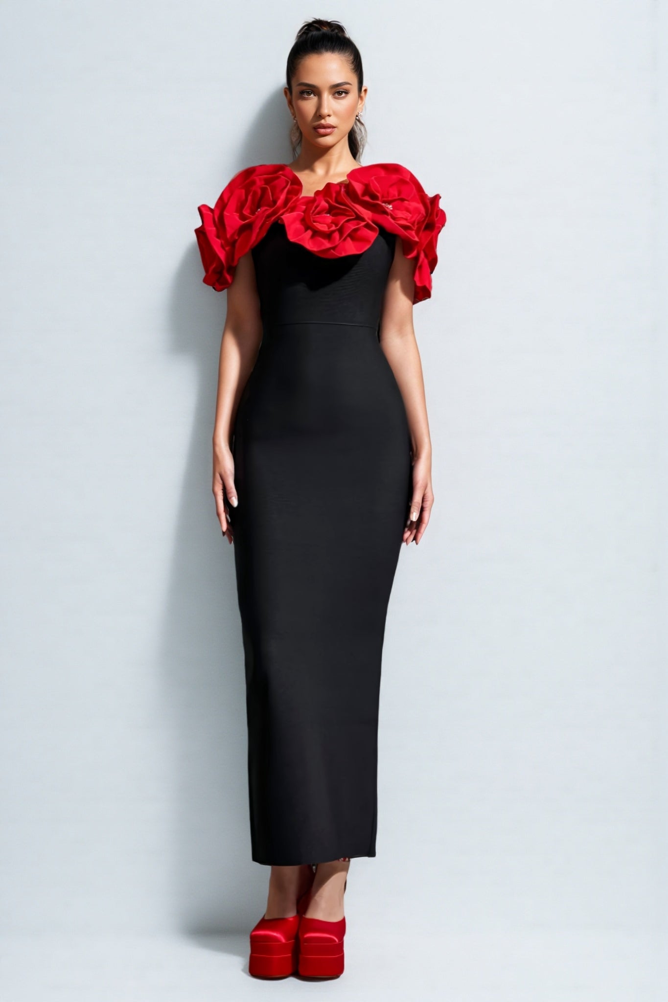 Bandage 3D Rose Off Shoulder Bodycon Maxi Dress