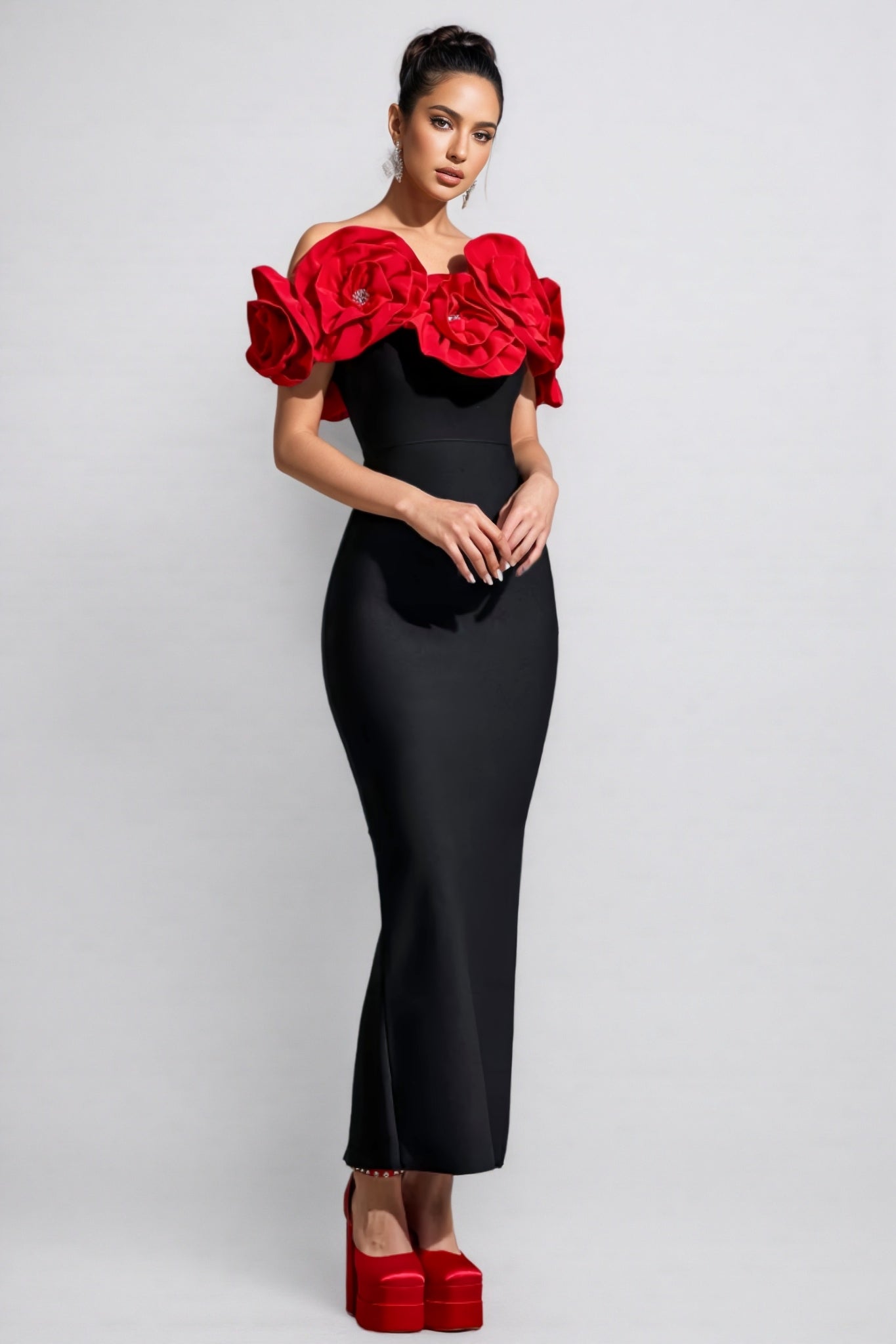Bandage 3D Rose Off Shoulder Bodycon Maxi Dress