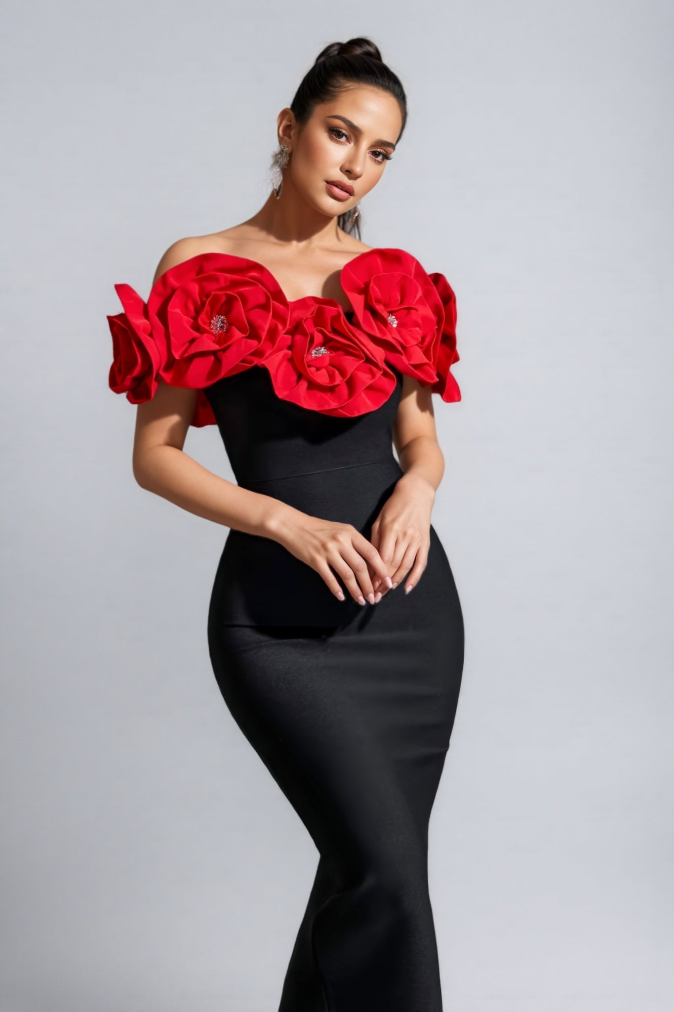 Bandage 3D Rose Off Shoulder Bodycon Maxi Dress
