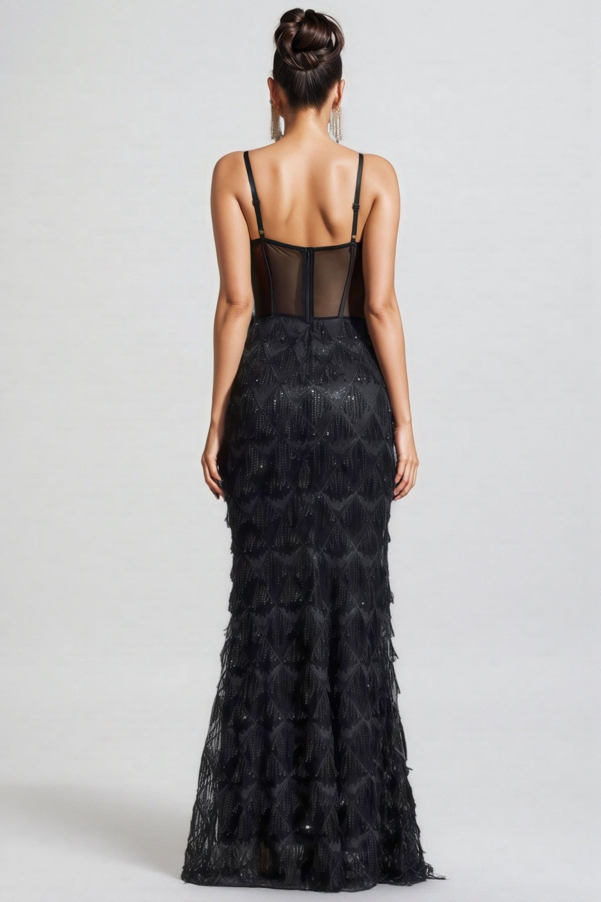 Sheer Corset Bodice Sweetheart Neck Tiered Fringe Sequin Mermaid Maxi Dress 6