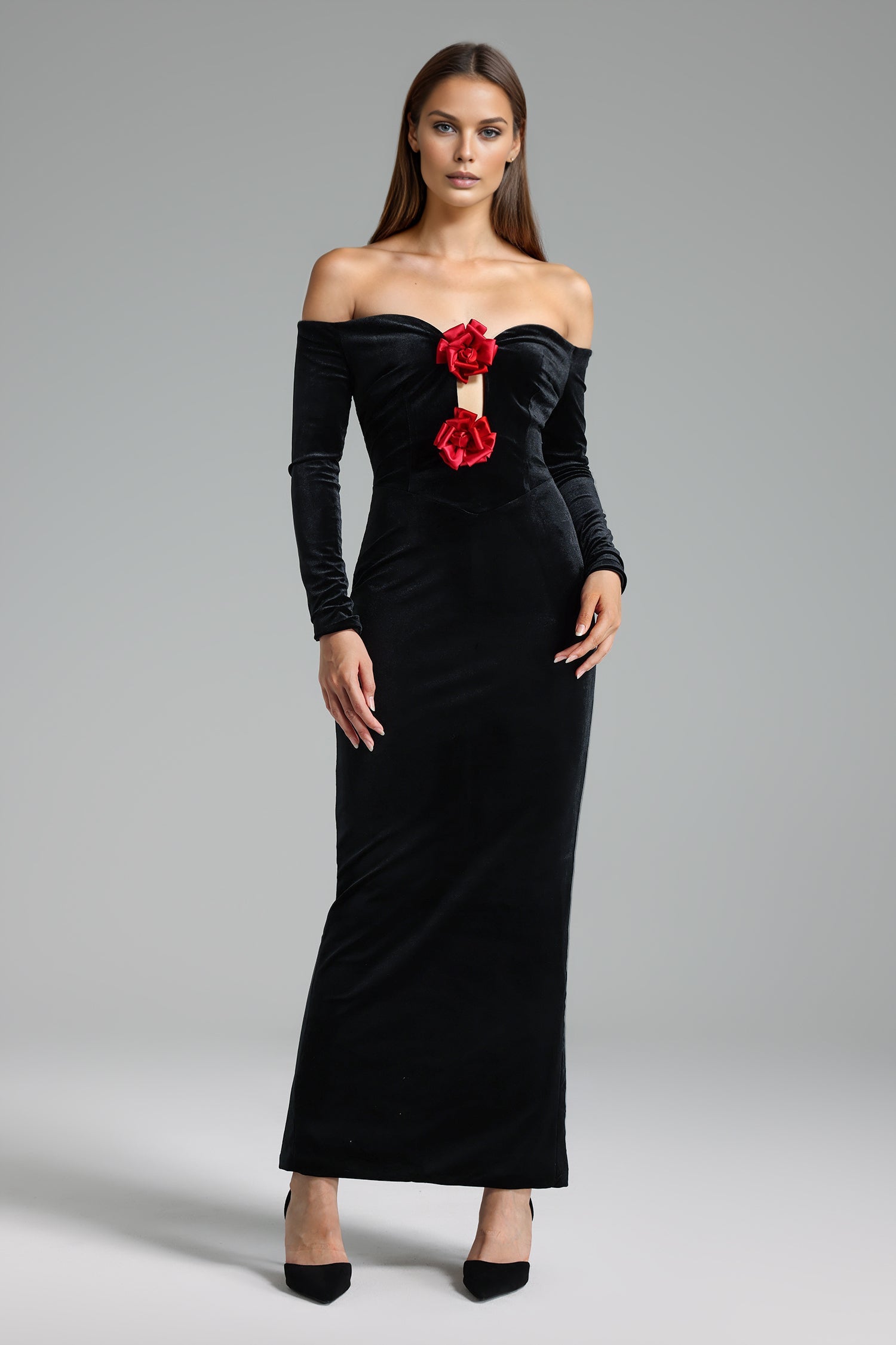 Velvet Off Shoulder Long Sleeve Maxi Dress