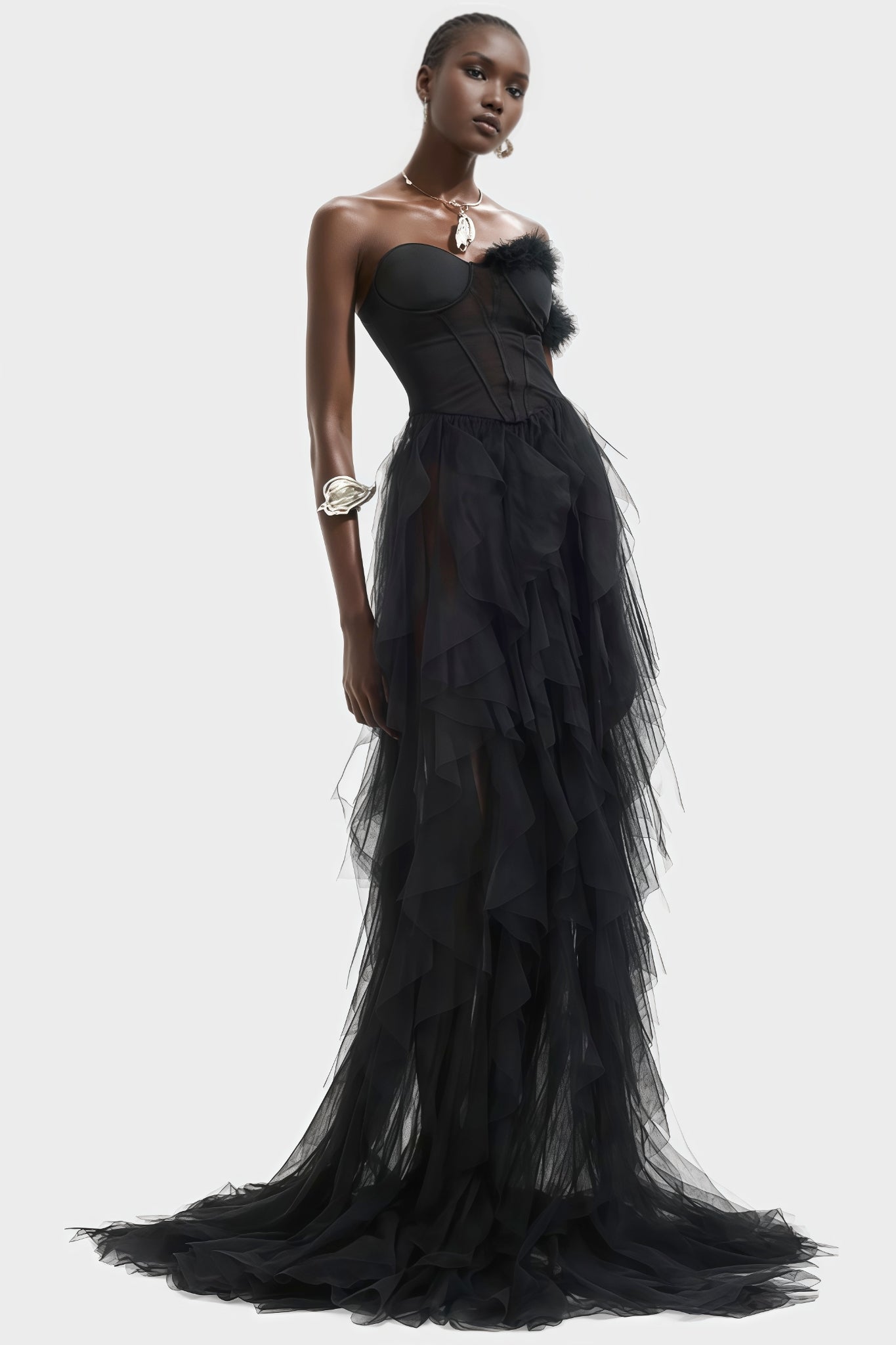 Mia One Shoulder Feather Maxi Dress - View 2