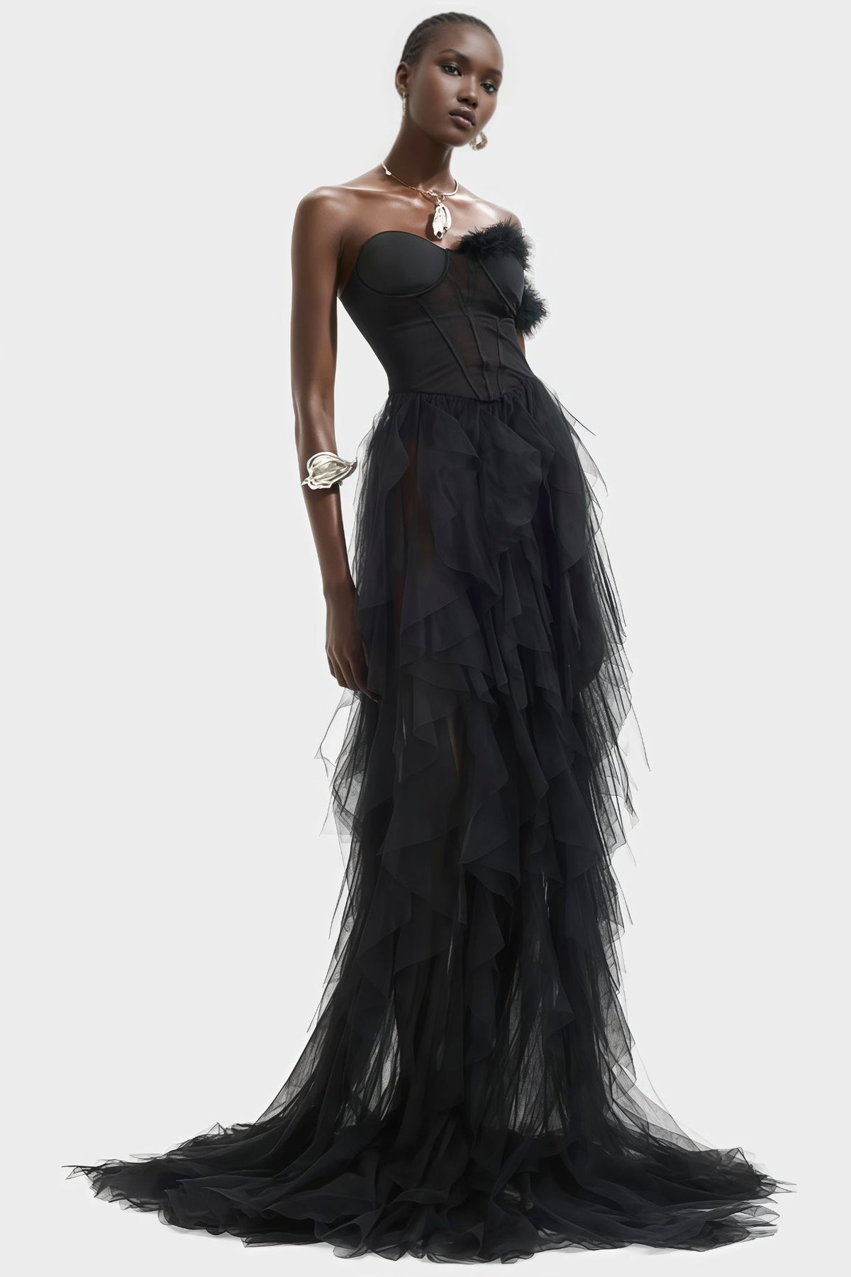 Strapless Corset Bodice Feather Trim Tiered Ruffle Tulle Maxi Gown 2