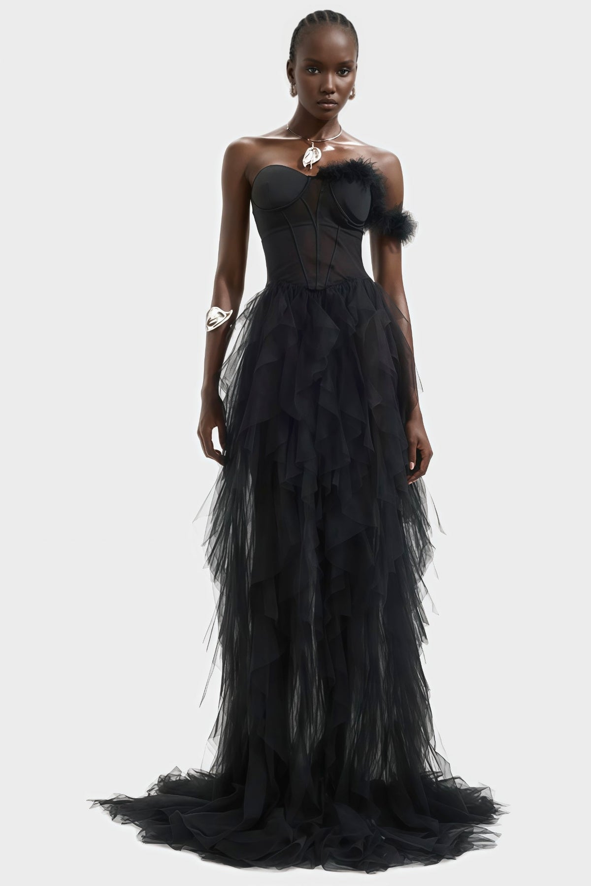 Strapless Corset Bodice Feather Trim Tiered Ruffle Tulle Maxi Gown