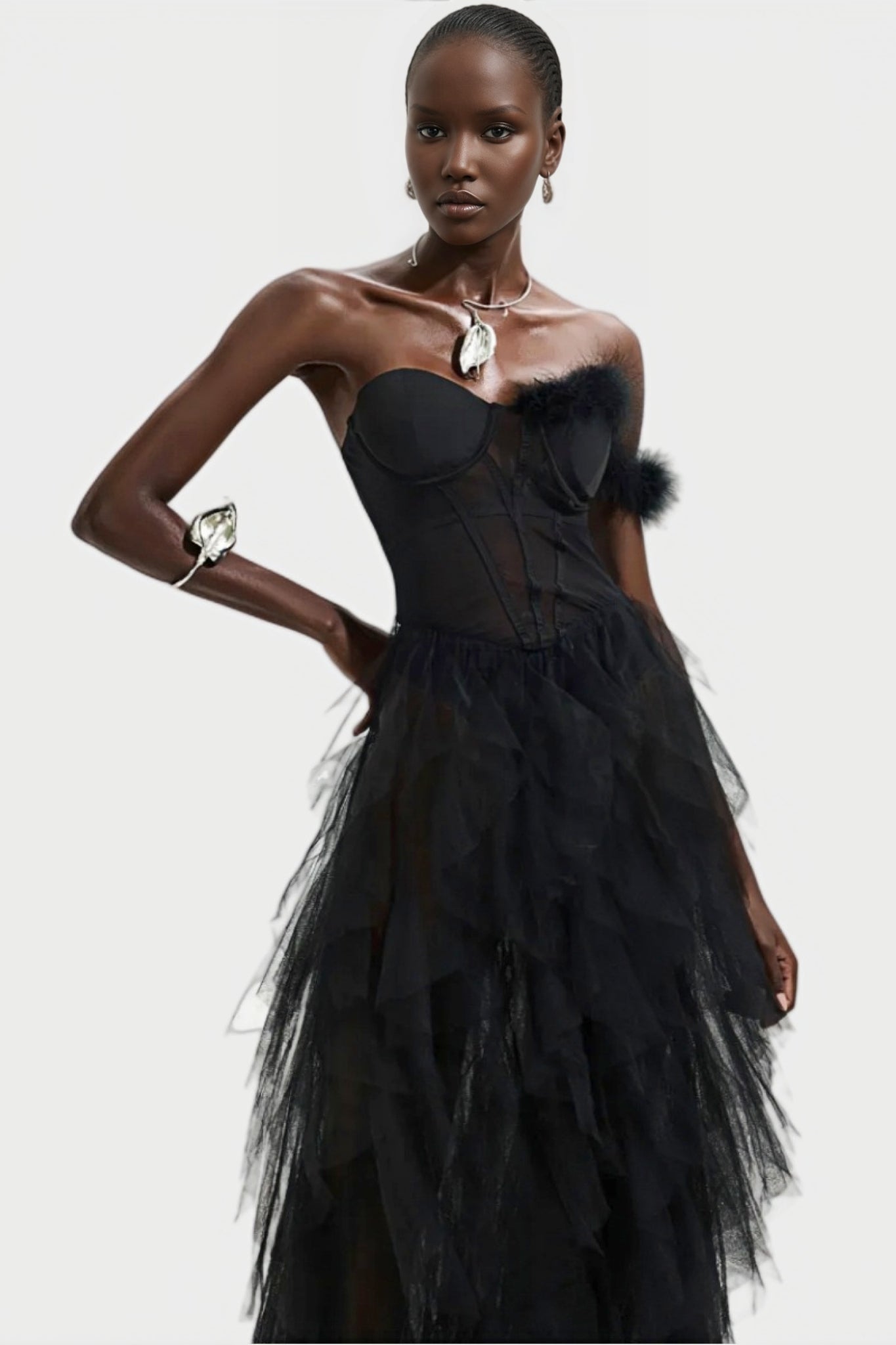 Mia One Shoulder Feather Maxi Dress - View 5