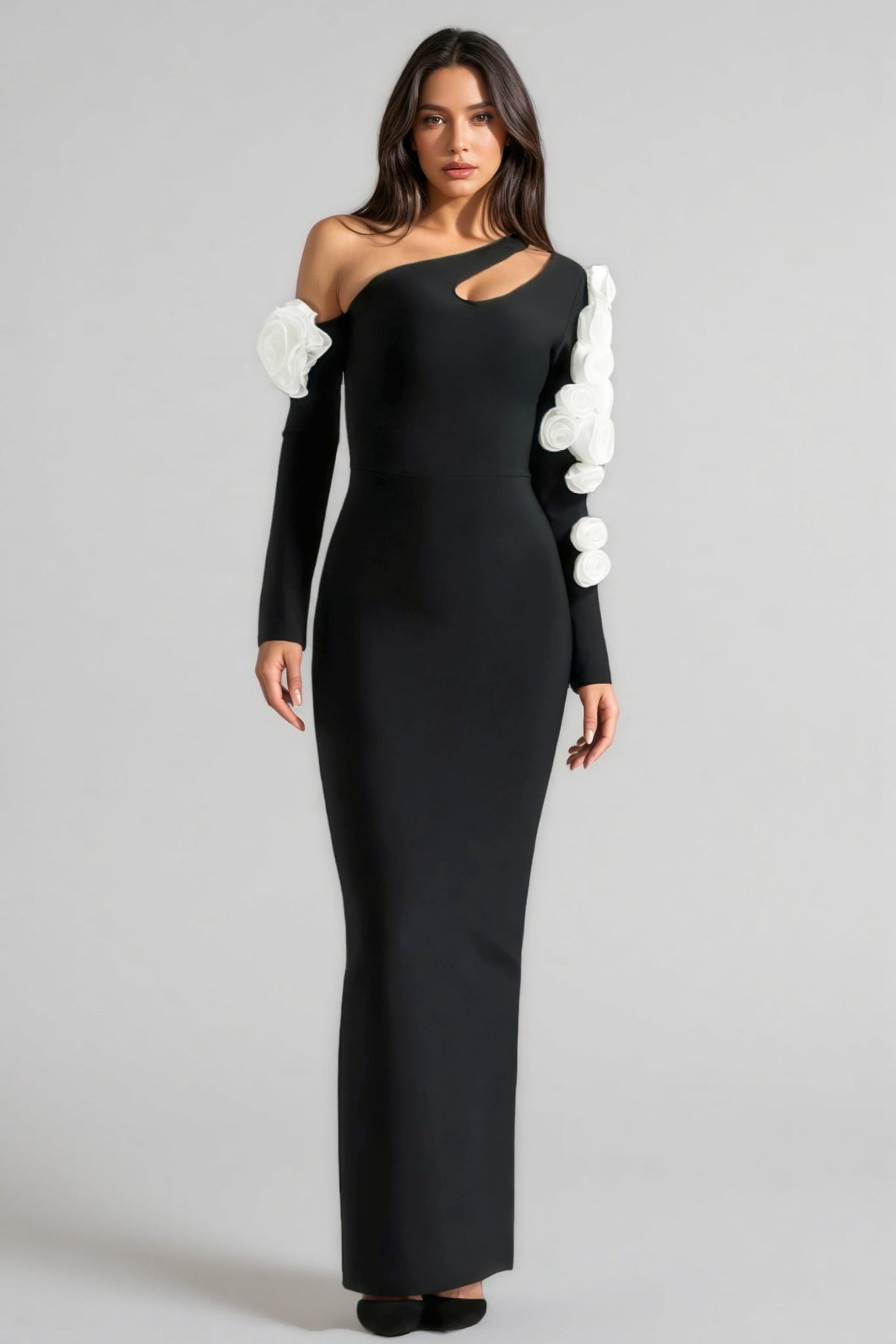 One Shoulder Long Sleeve Cut Out 3D Rosette Bandage Maxi Dress