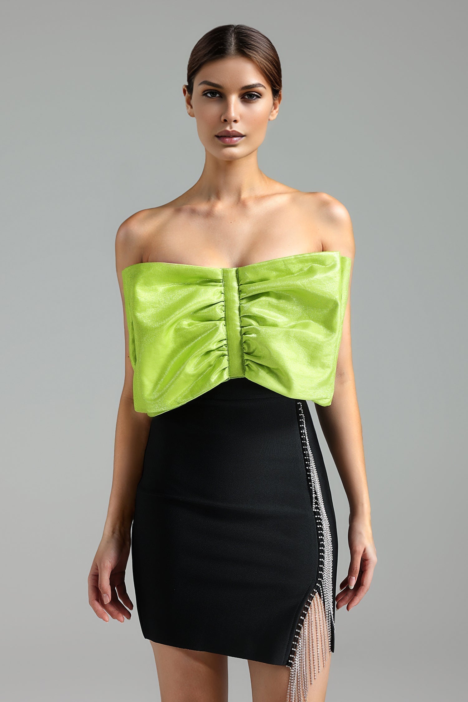 Bow Front Bandeau Rhinestone Fringe Bandage Two Piece Set