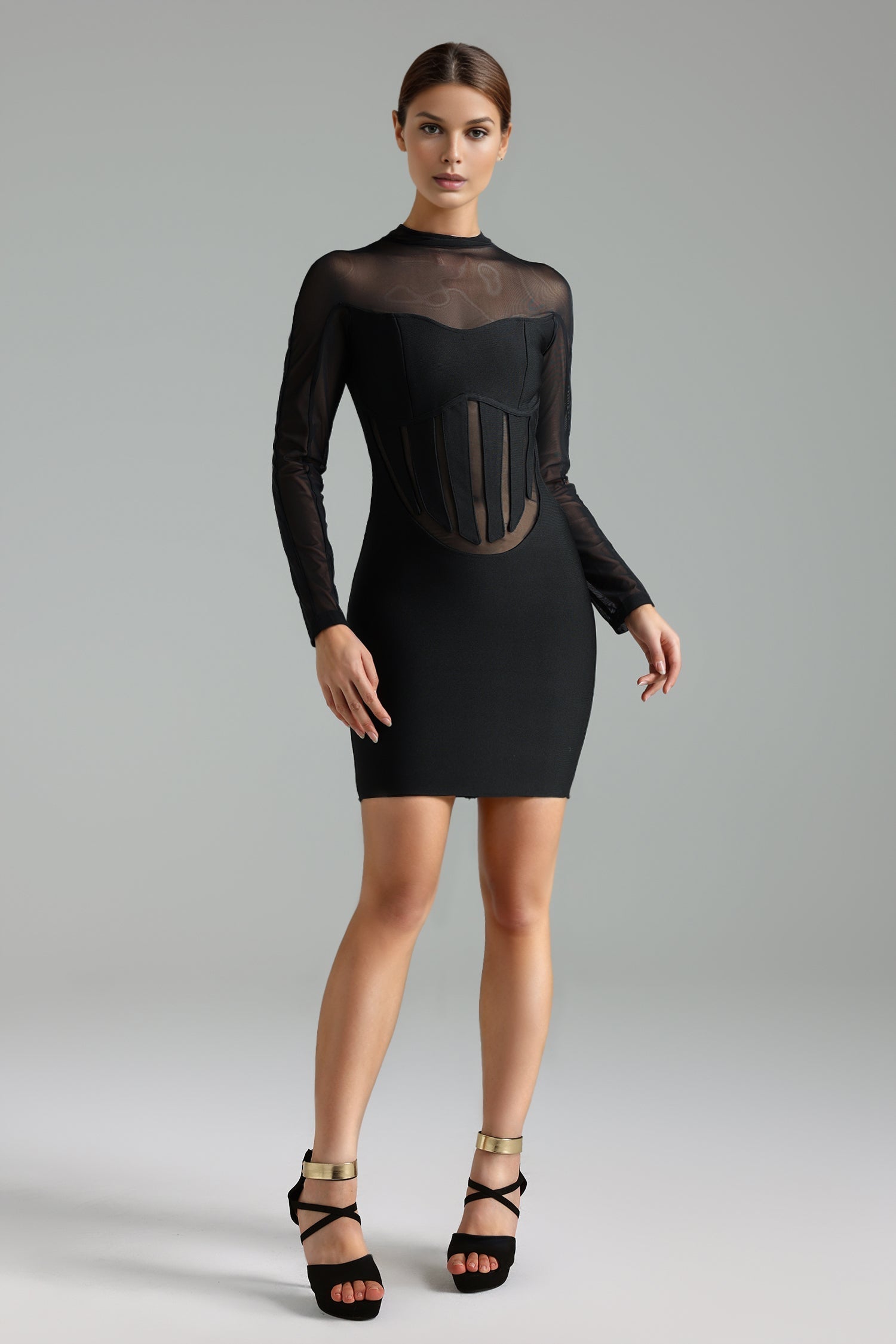 Mesh Mock Neck Long Sleeve Corset Cage Waist Cut Out Bandage Mini Dress