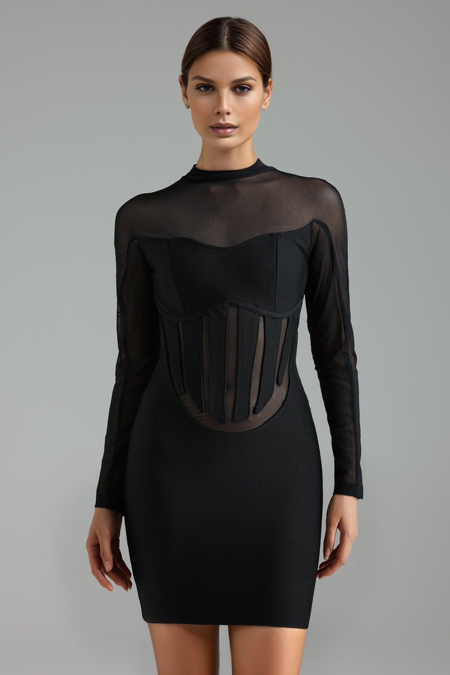 Mesh Mock Neck Long Sleeve Corset Cage Waist Cut Out Bandage Mini Dress