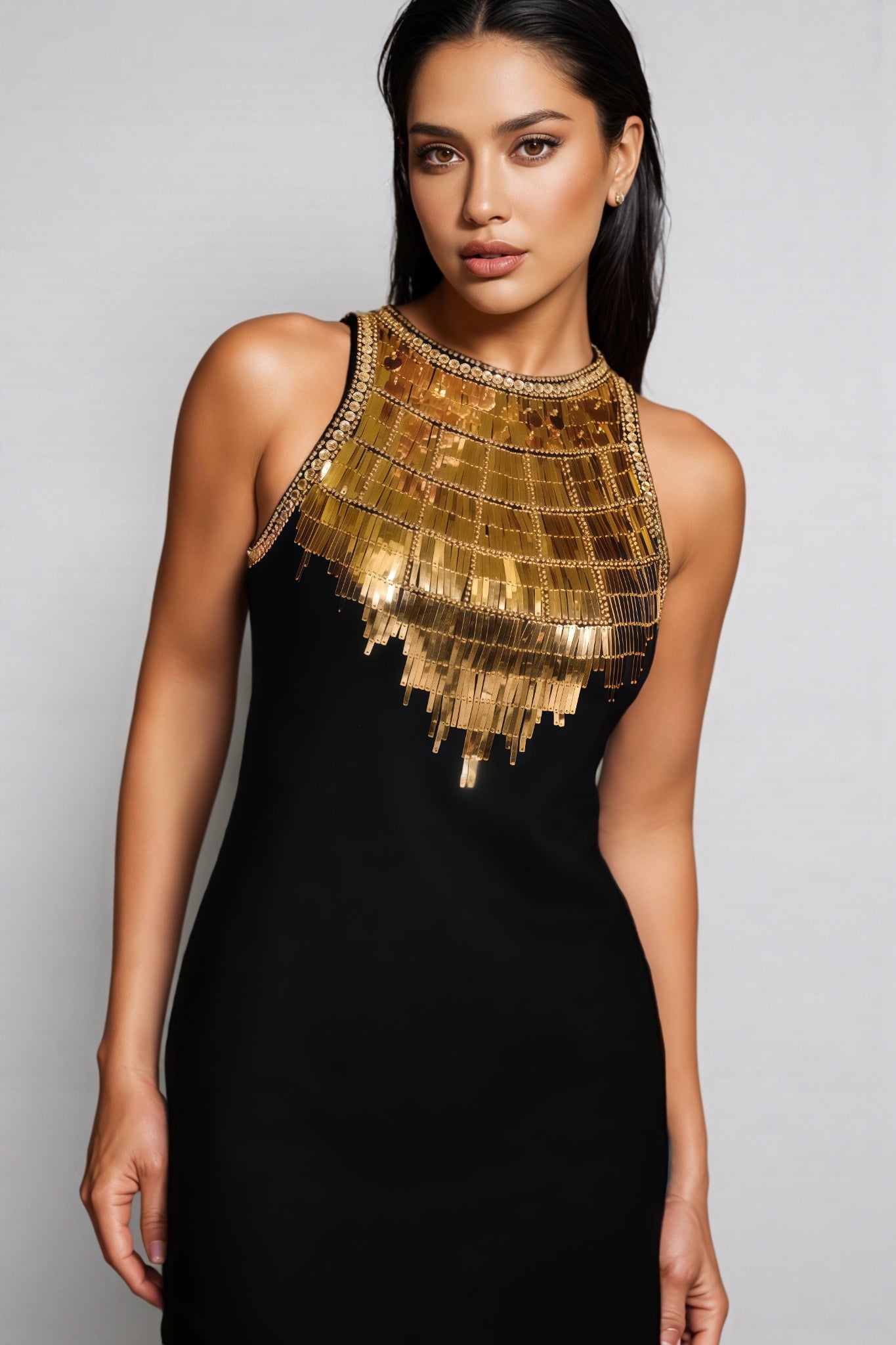 Beaded Bib High Neck Fringe Sleeveless Shift Mini Dress
