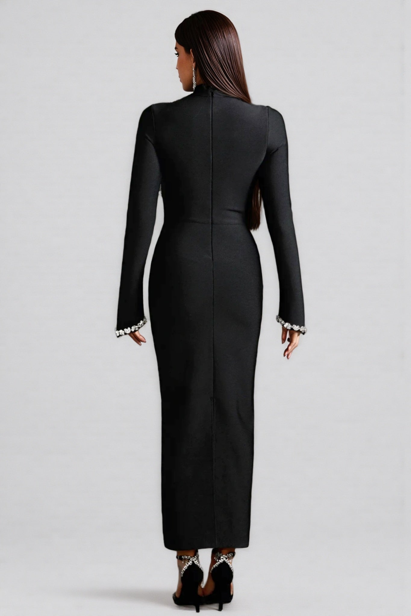 Jersey Diamond Setting Long Sleeve Bandage Maxi Dress - View 3