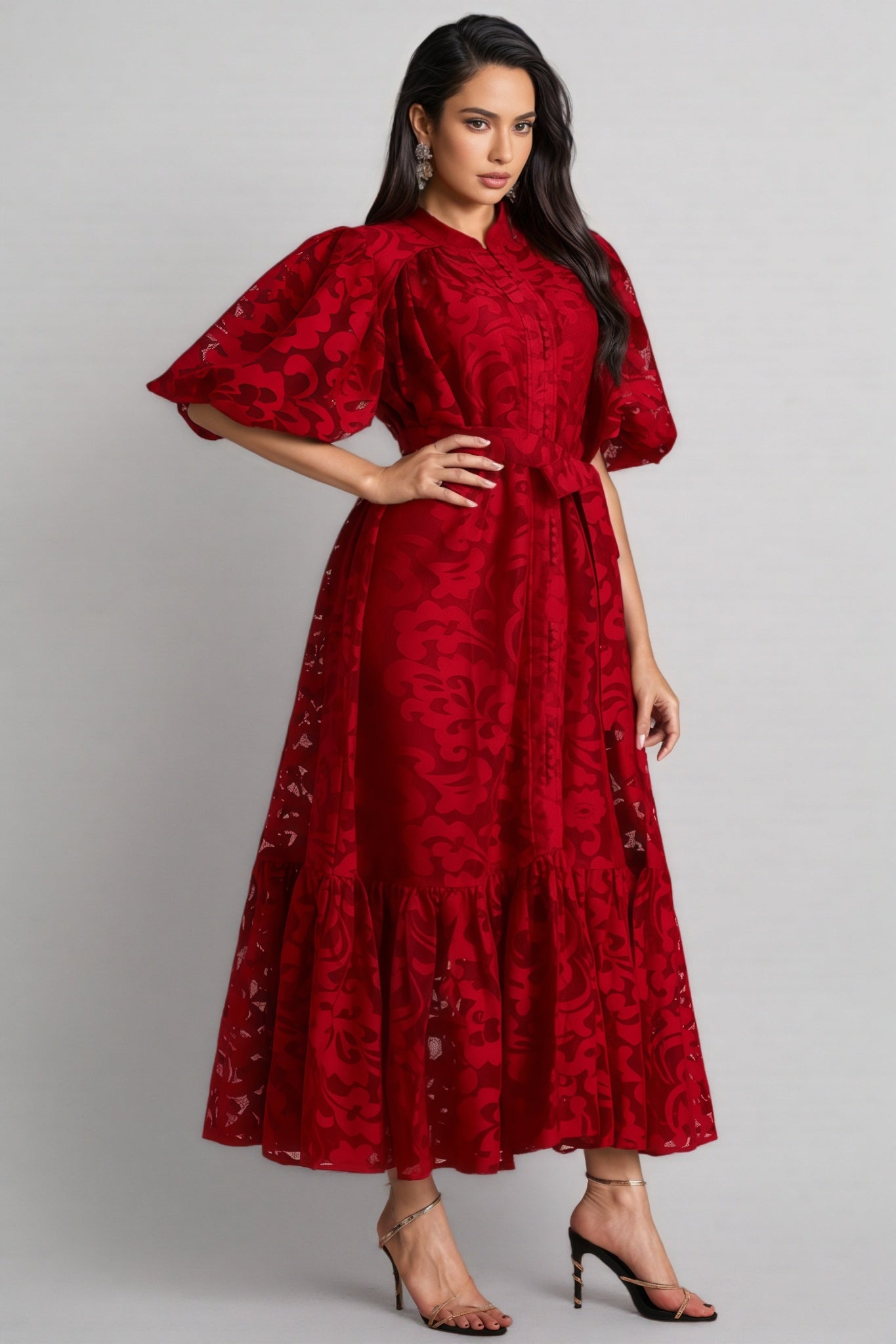 Kale Embroidered Lace Belted Midi Dress - View 2