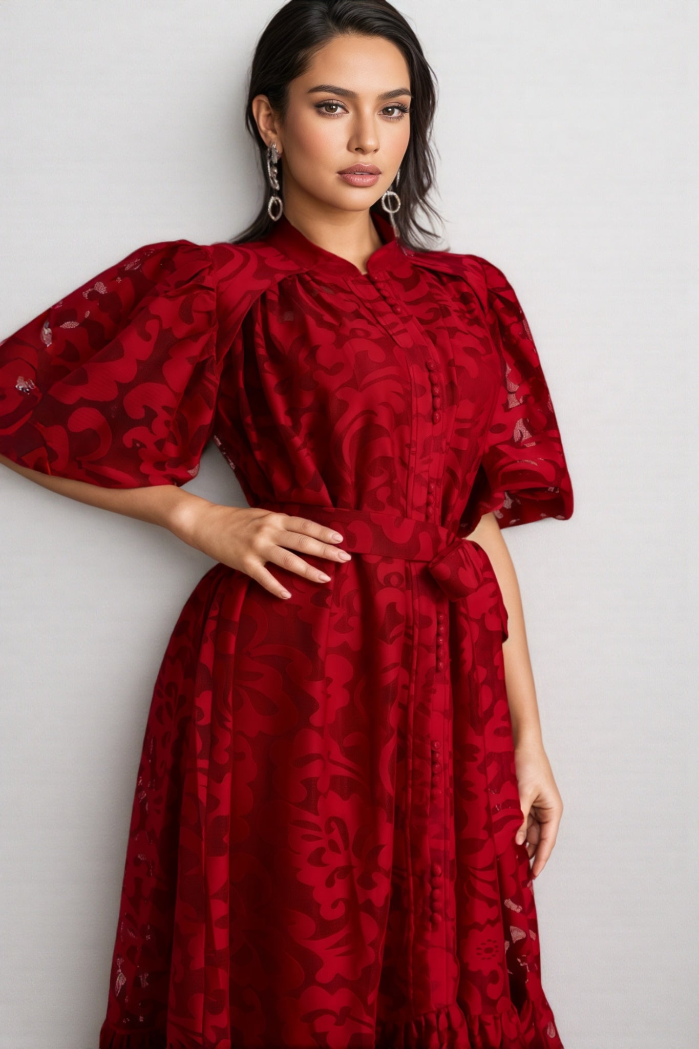 Kale Embroidered Lace Belted Midi Dress - View 4