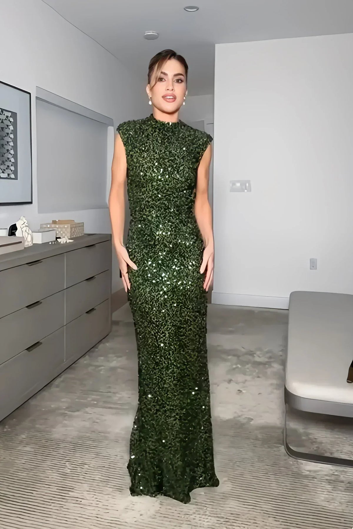 Sequin High Neck Cap Sleeve Open Back Bodycon Maxi Gown 4