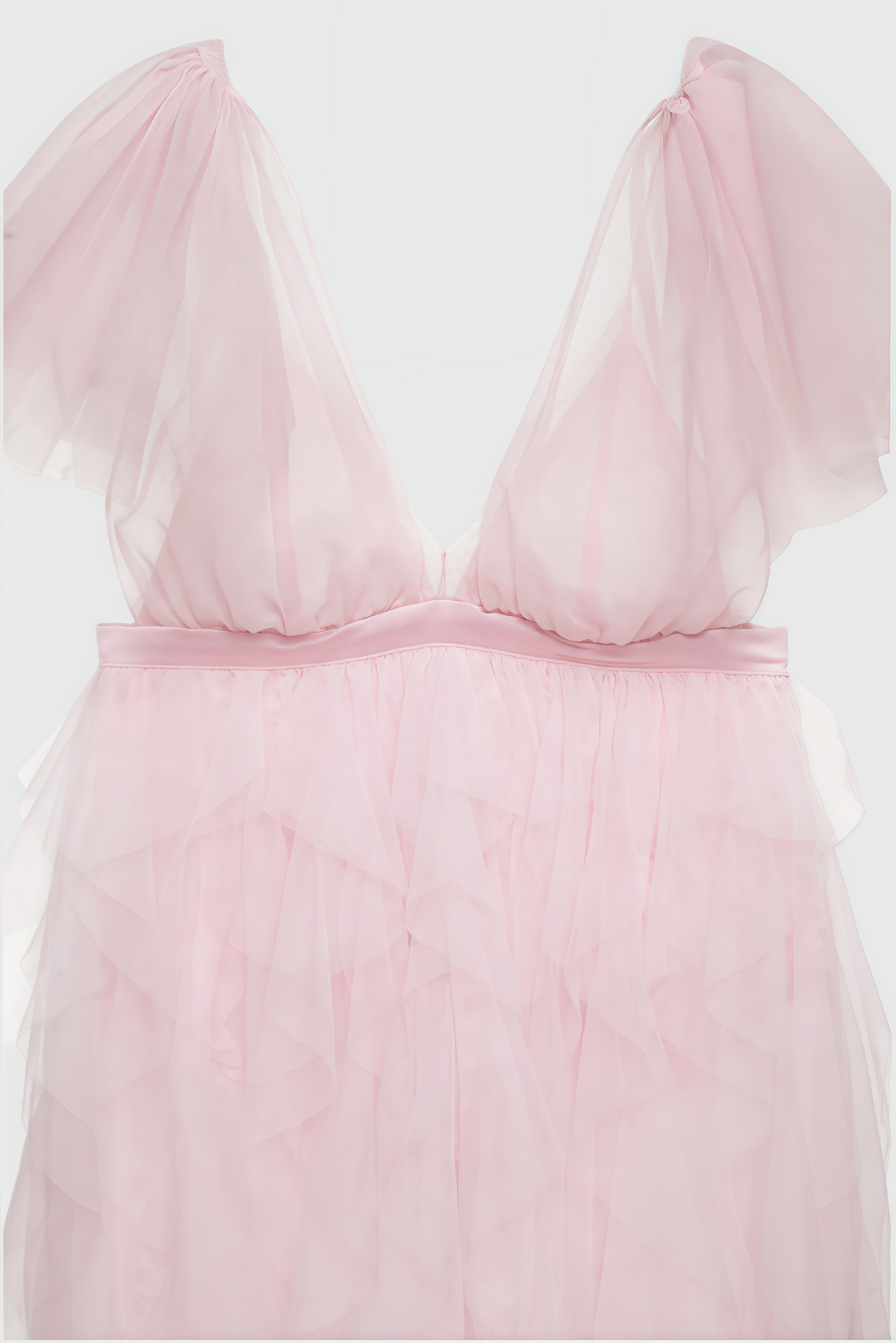 Tulle Deep V-Neck Flutter Sleeve Tiered Ruffle High Low Maxi Dress 6