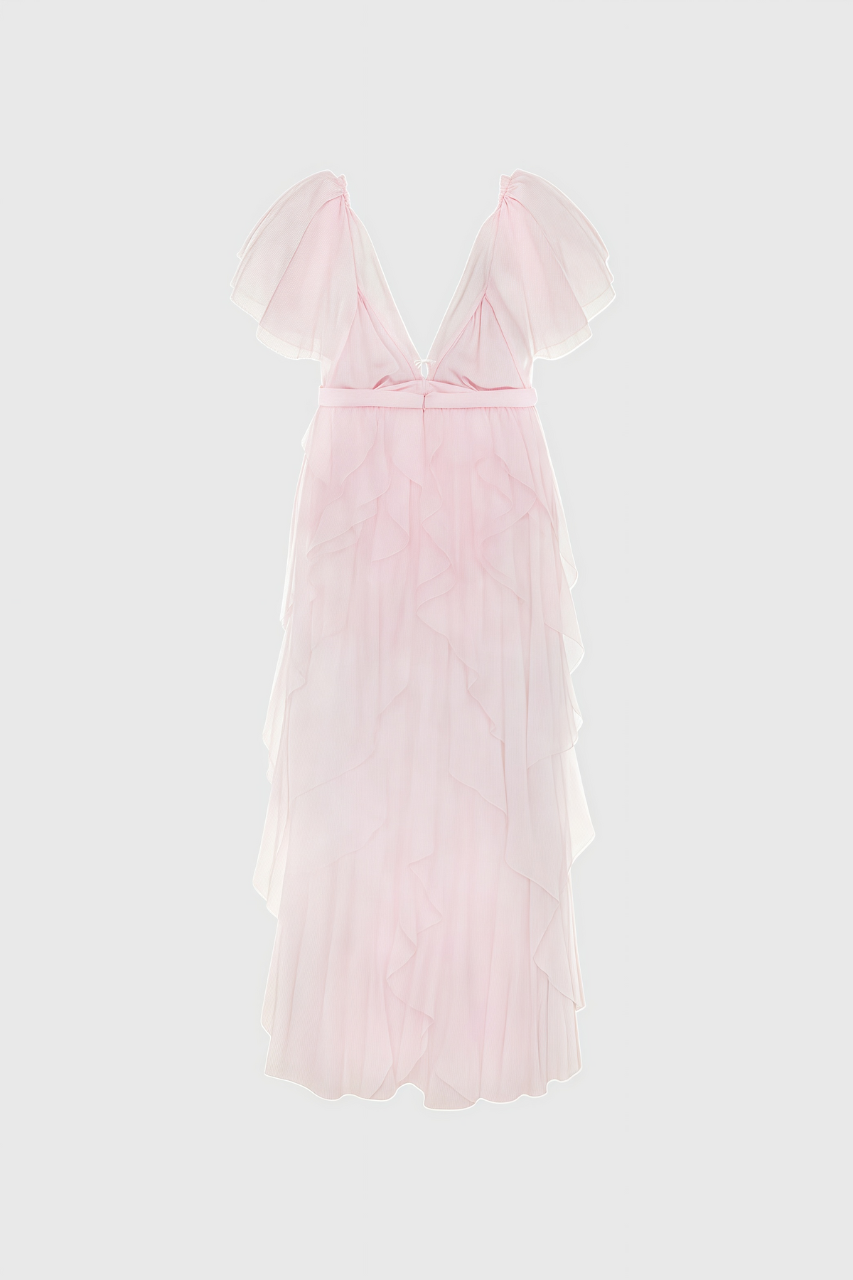Tulle Deep V-Neck Flutter Sleeve Tiered Ruffle High Low Maxi Dress 4