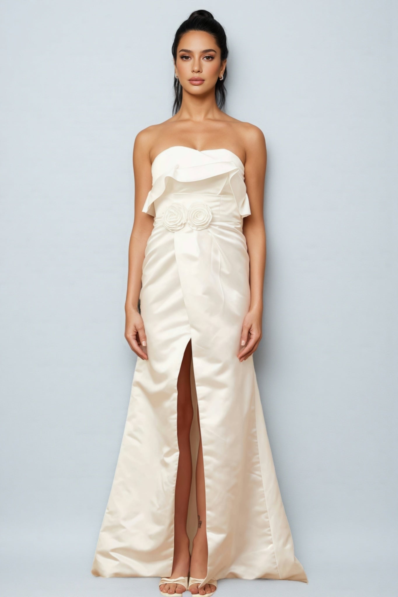 Jiusi White Floral Appliqued Satin Maxi Dress - View 3