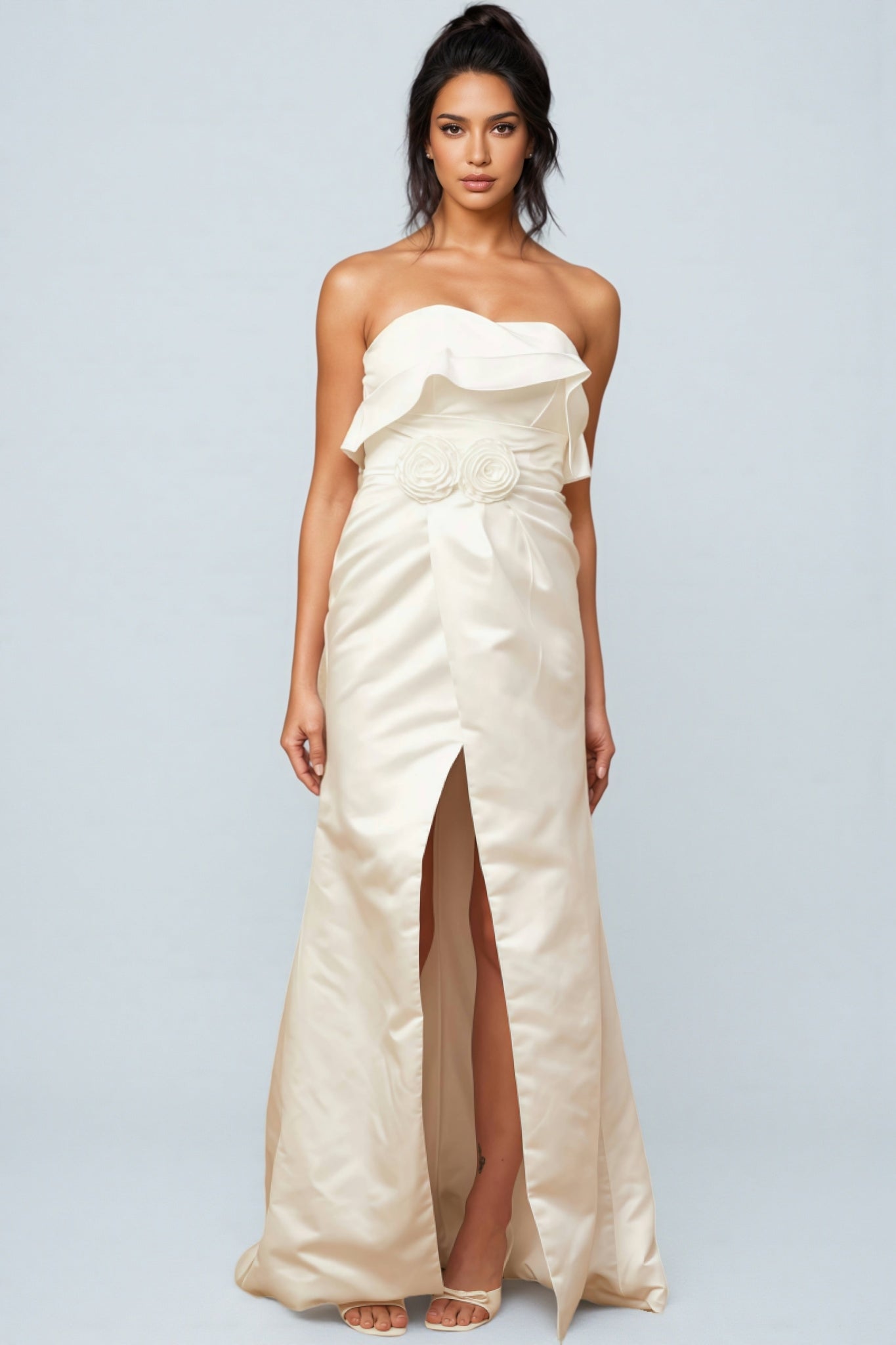 Jiusi White Floral Appliqued Satin Maxi Dress - View 5