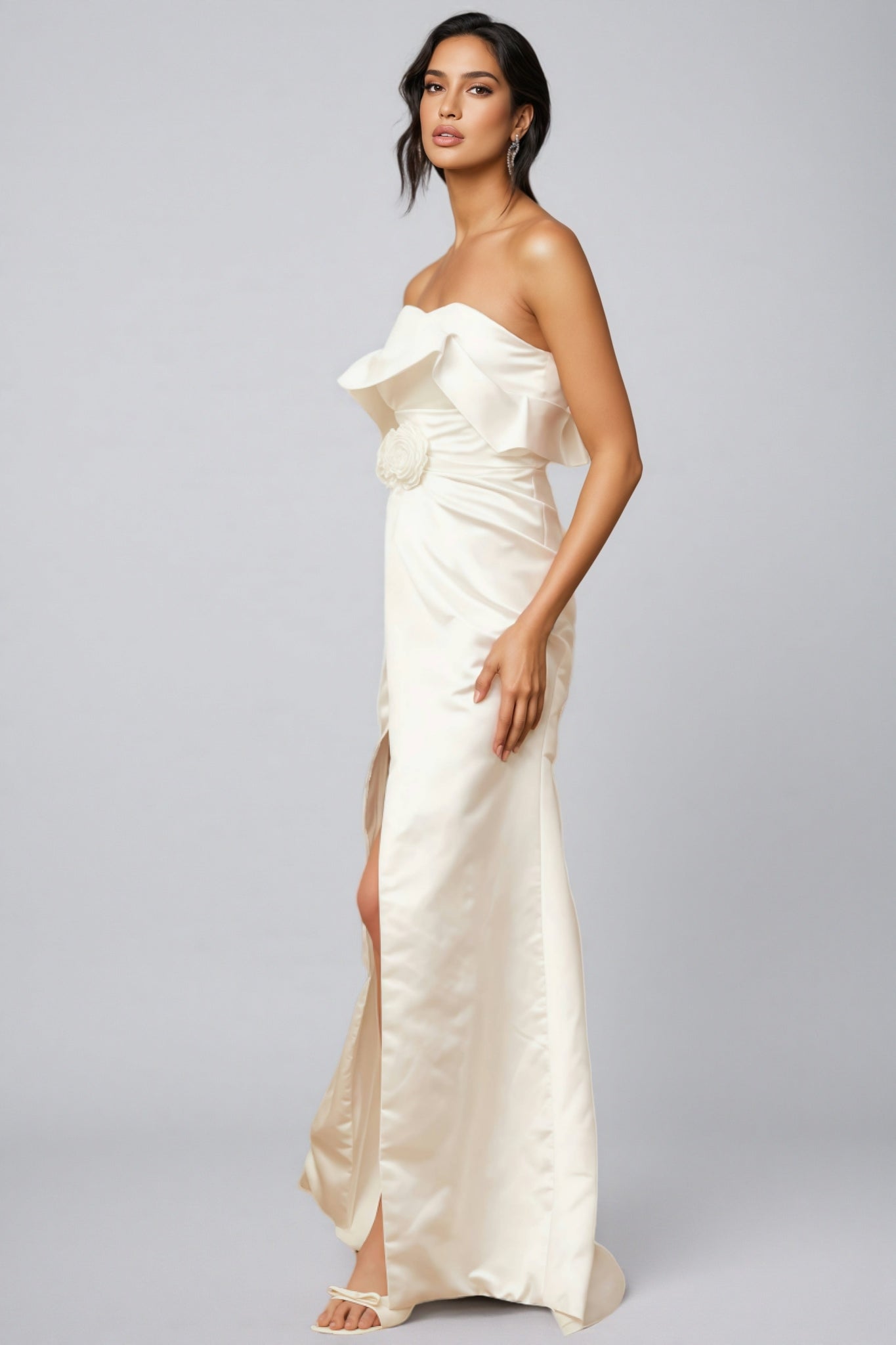 Jiusi White Floral Appliqued Satin Maxi Dress - View 2