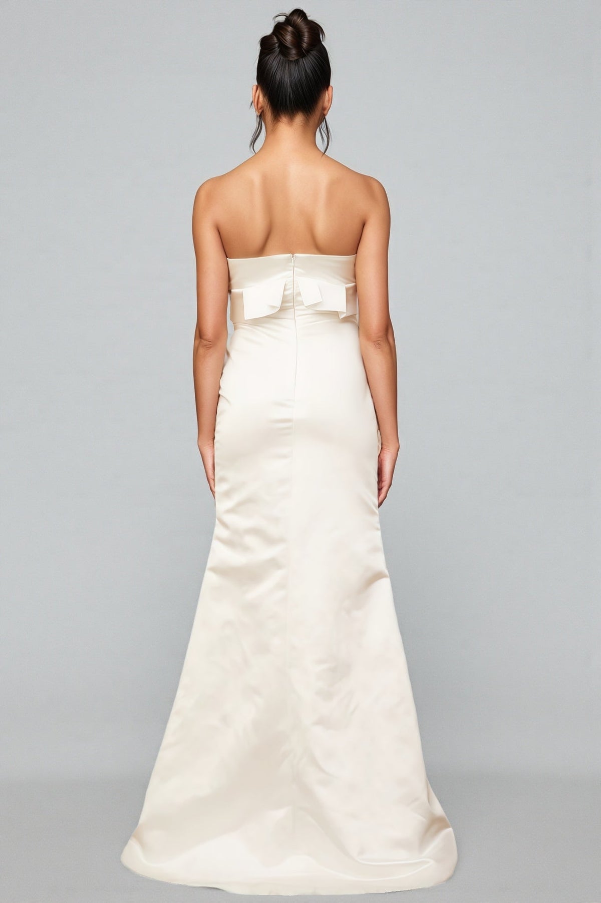 Strapless Satin Ruffle Rosette Applique High Split Maxi Gown 4
