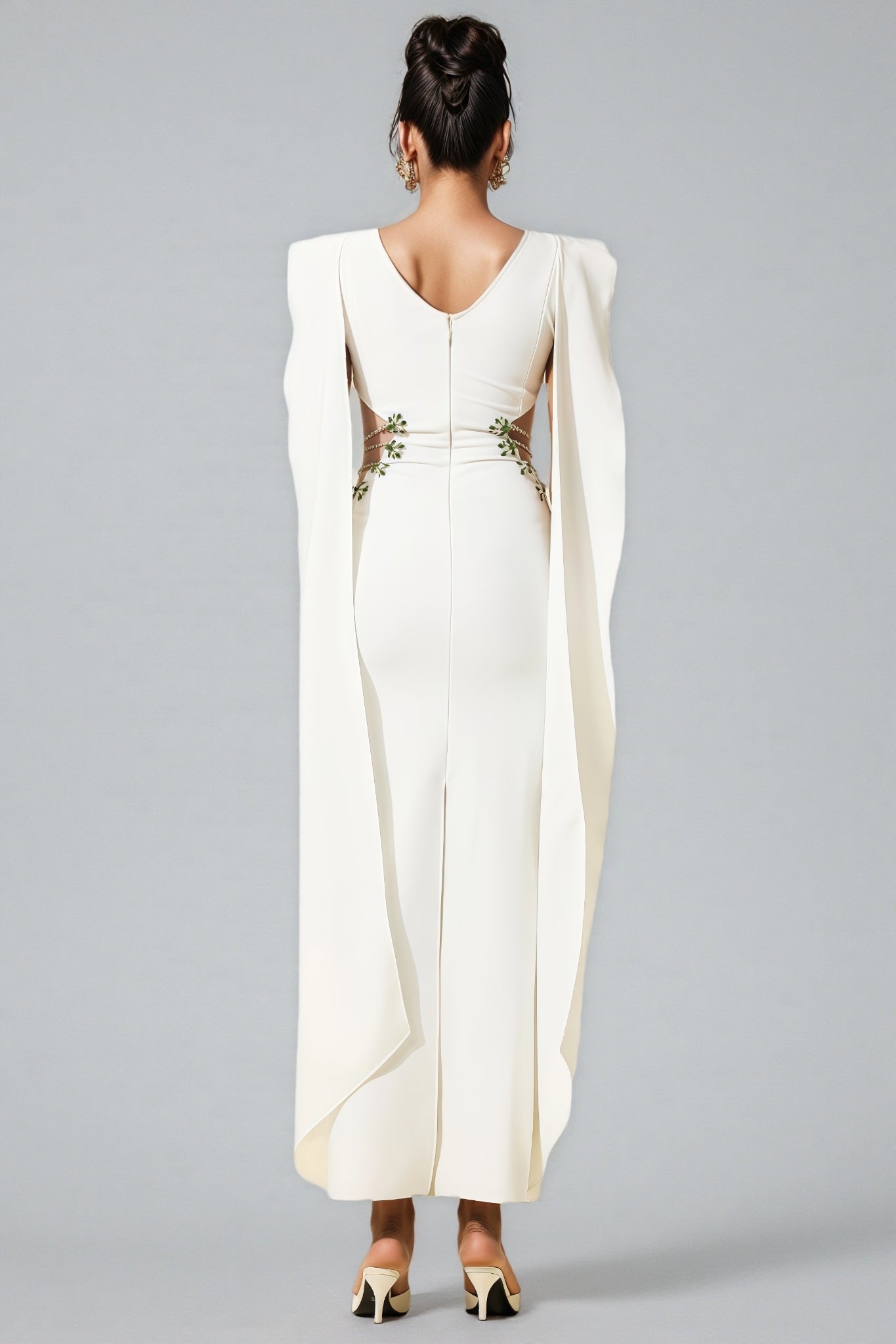 Sleeveless Boat Neck Cape Panel Side Cut Out Beaded Strap Maxi Gown