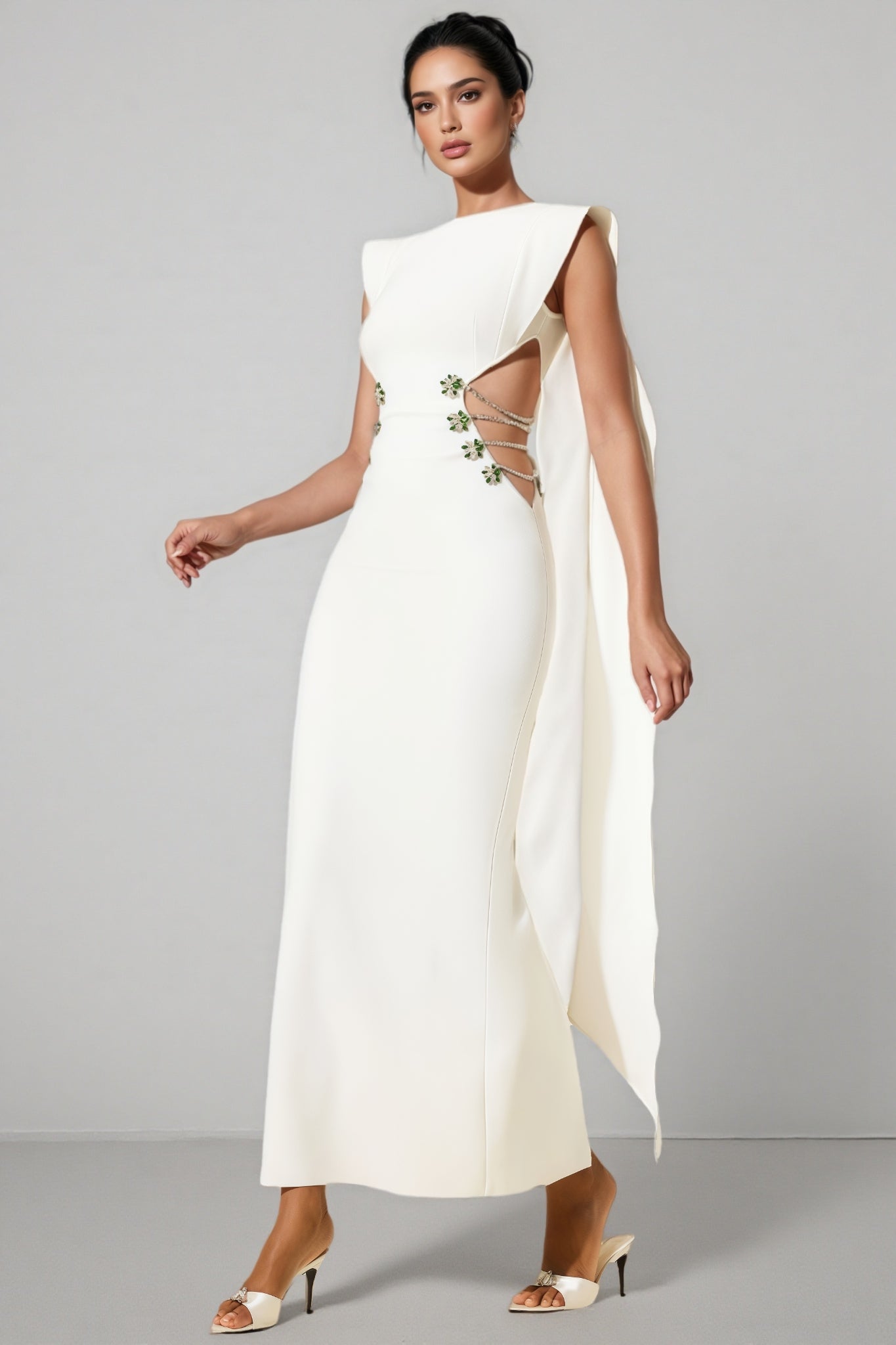 Sleeveless Boat Neck Cape Panel Side Cut Out Beaded Strap Maxi Gown