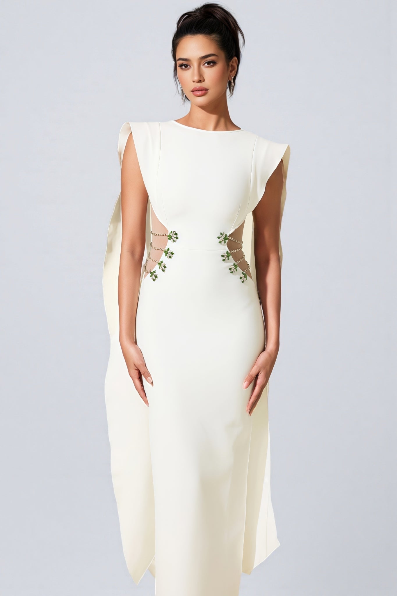 Sleeveless Boat Neck Cape Panel Side Cut Out Beaded Strap Maxi Gown
