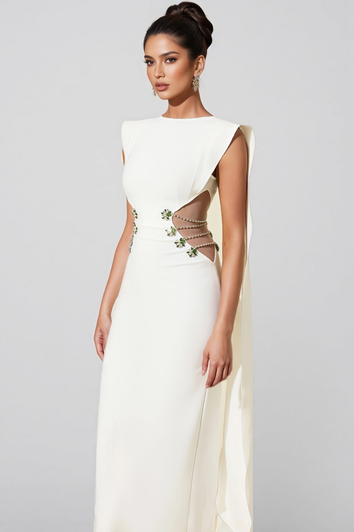 Sleeveless Boat Neck Cape Panel Side Cut Out Beaded Strap Maxi Gown