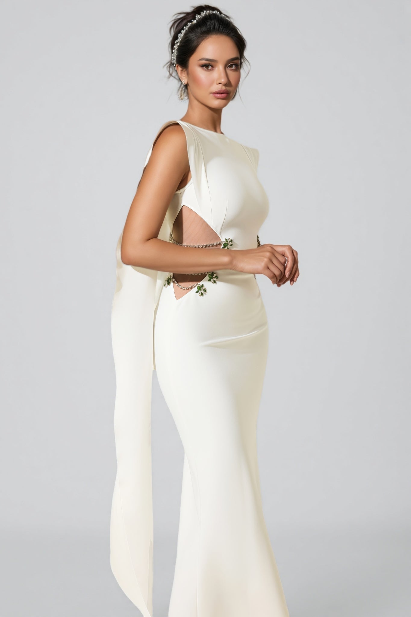 Sleeveless Boat Neck Cape Panel Side Cut Out Beaded Strap Maxi Gown