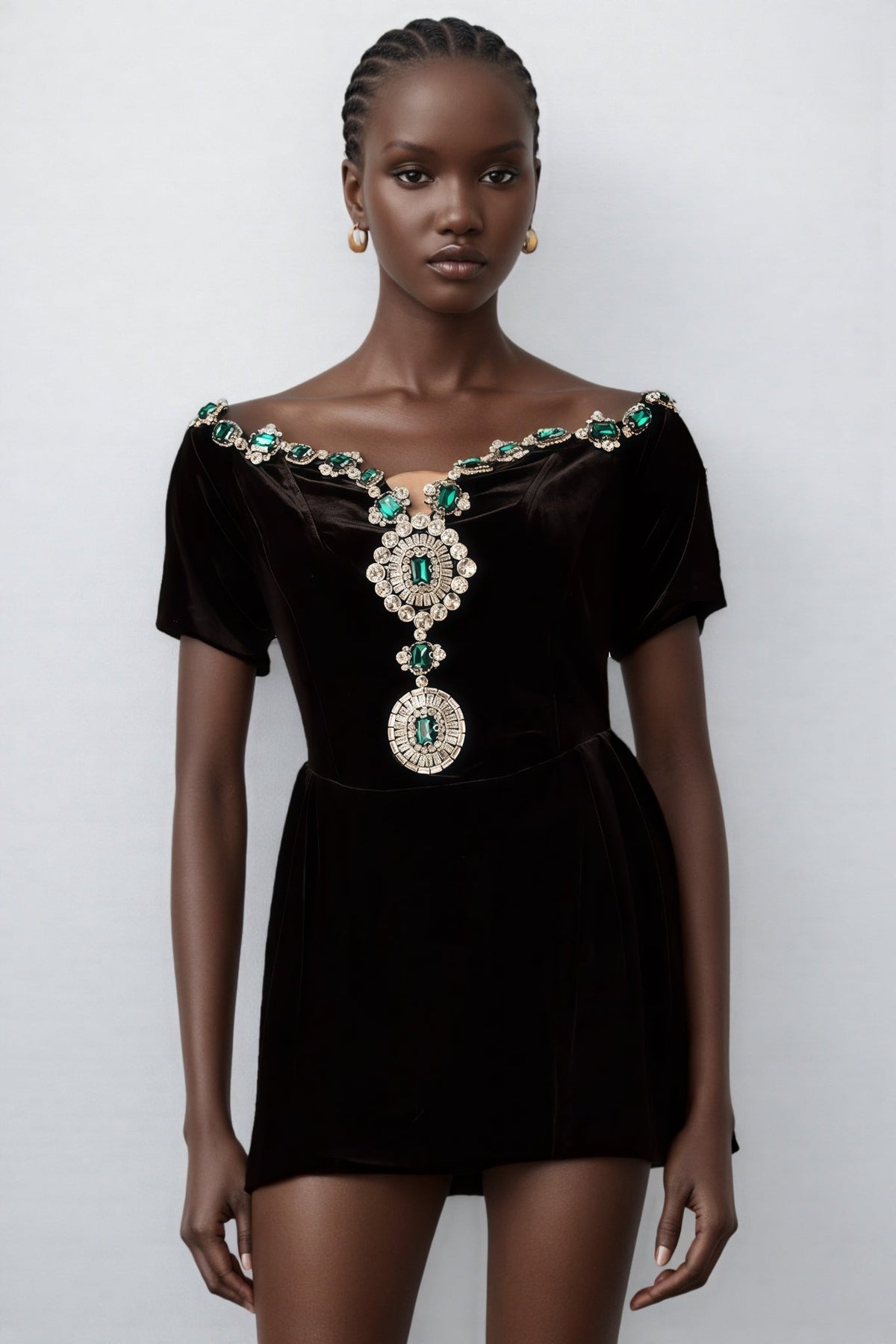 Velvet Off Shoulder Short Sleeve Jewel Embellished Mini Dress 7