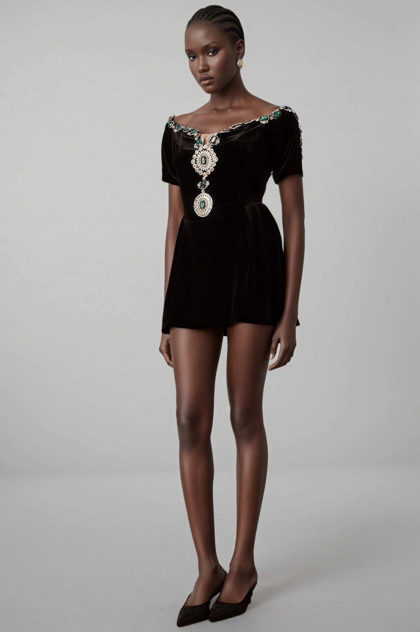 Ivy Black Velvet Embellished Mini Dress - View 2