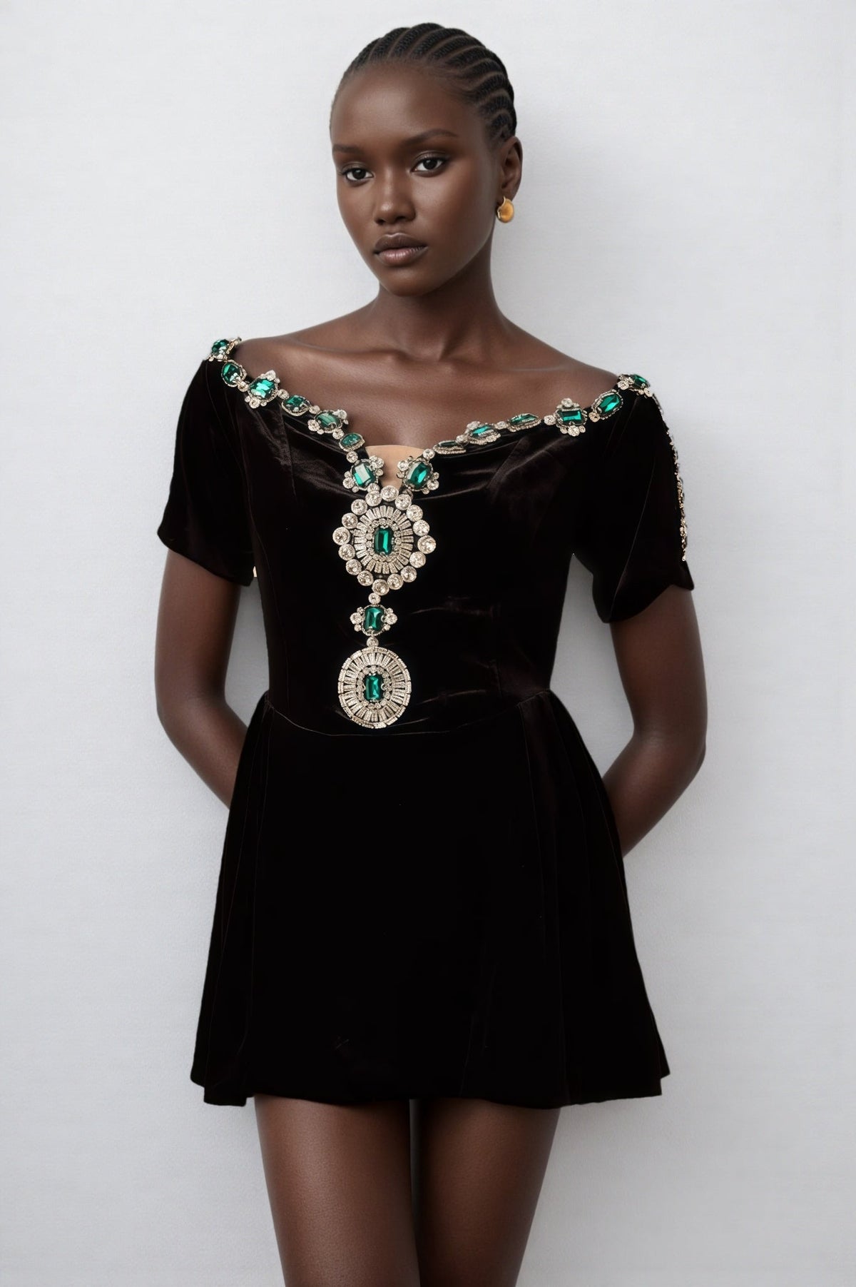 Velvet Off Shoulder Short Sleeve Jewel Embellished Mini Dress 5