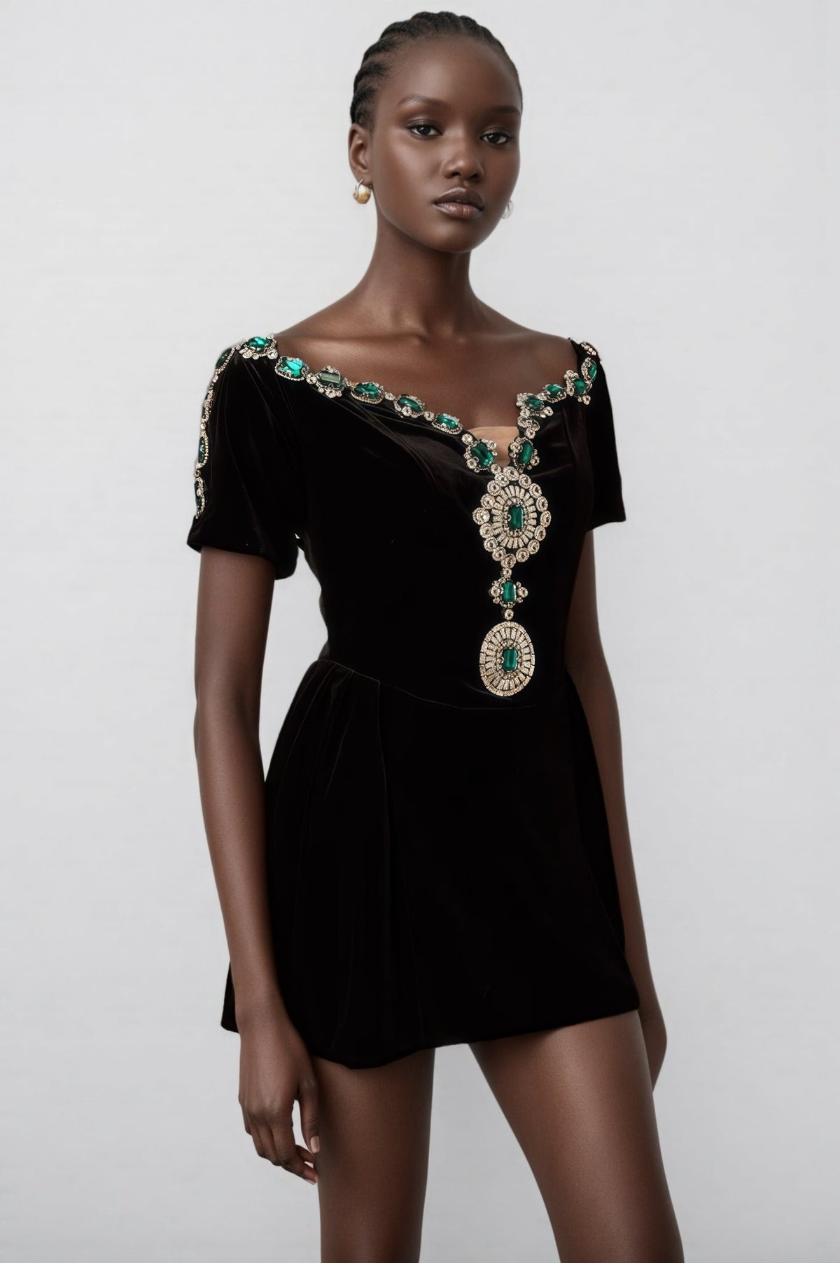 Velvet Off Shoulder Short Sleeve Jewel Embellished Mini Dress 3