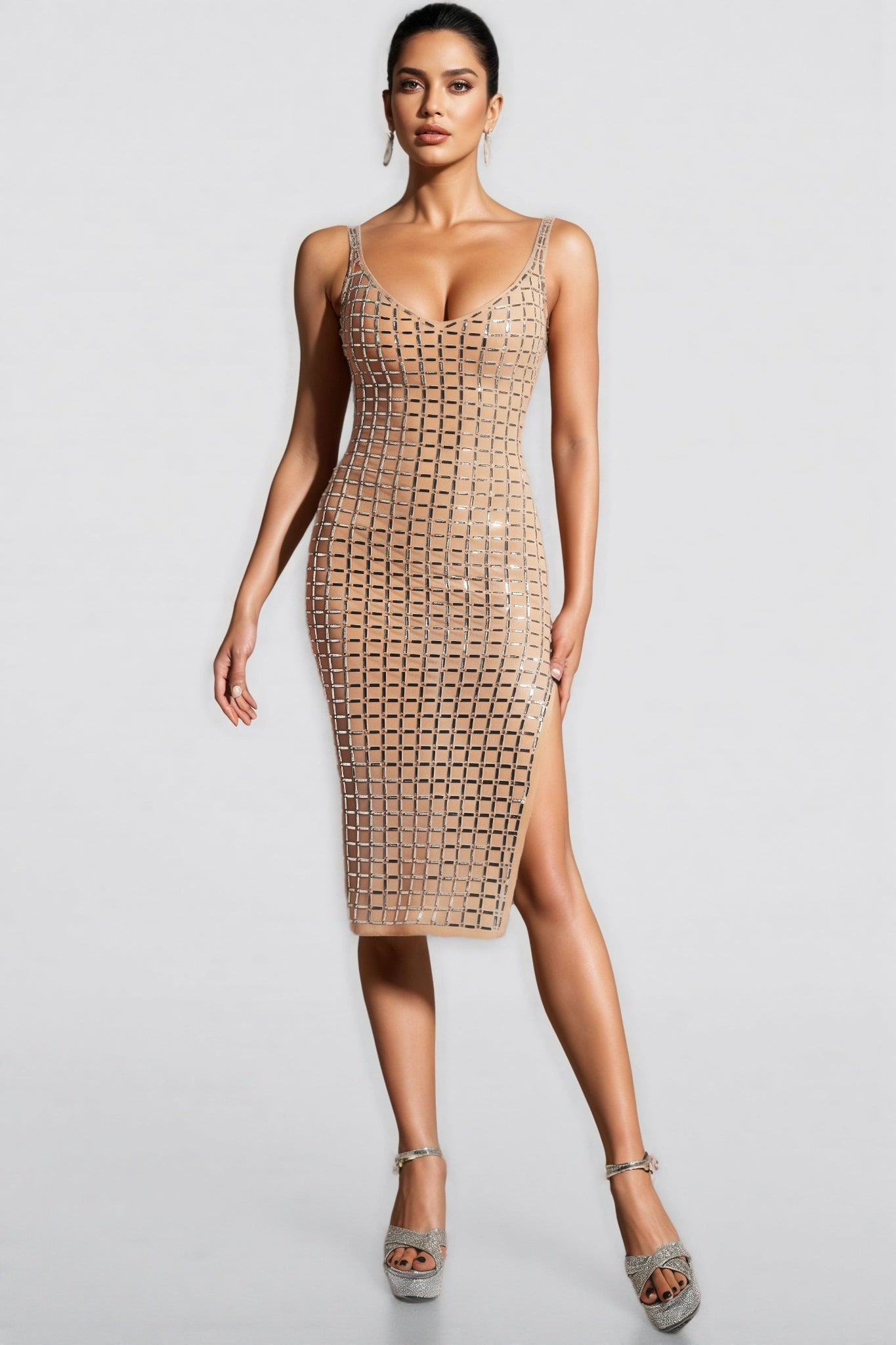 Rhinestone Grid Scoop Neck Spaghetti Strap High Split Bodycon Midi Dress