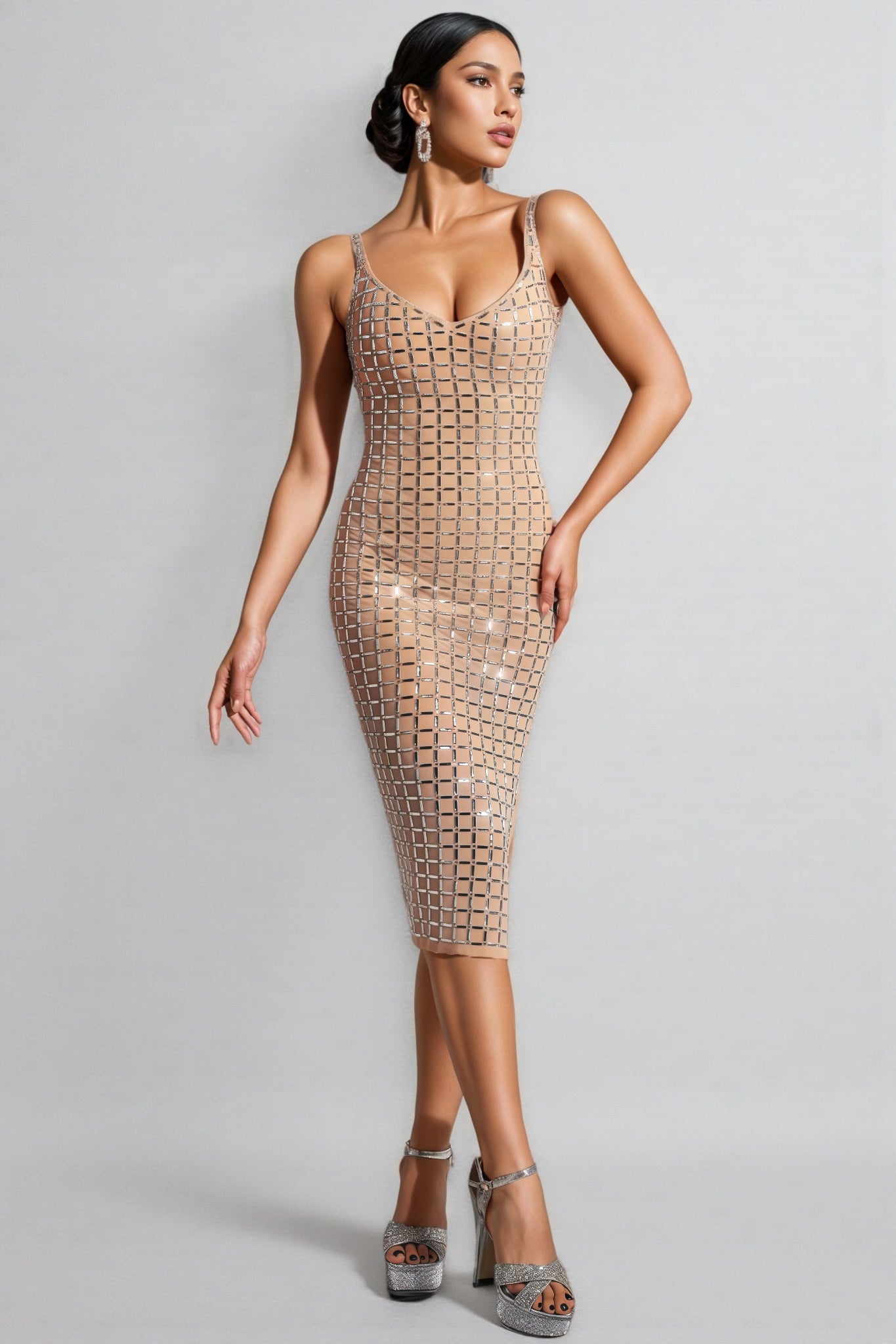 Rhinestone Grid Scoop Neck Spaghetti Strap High Split Bodycon Midi Dress